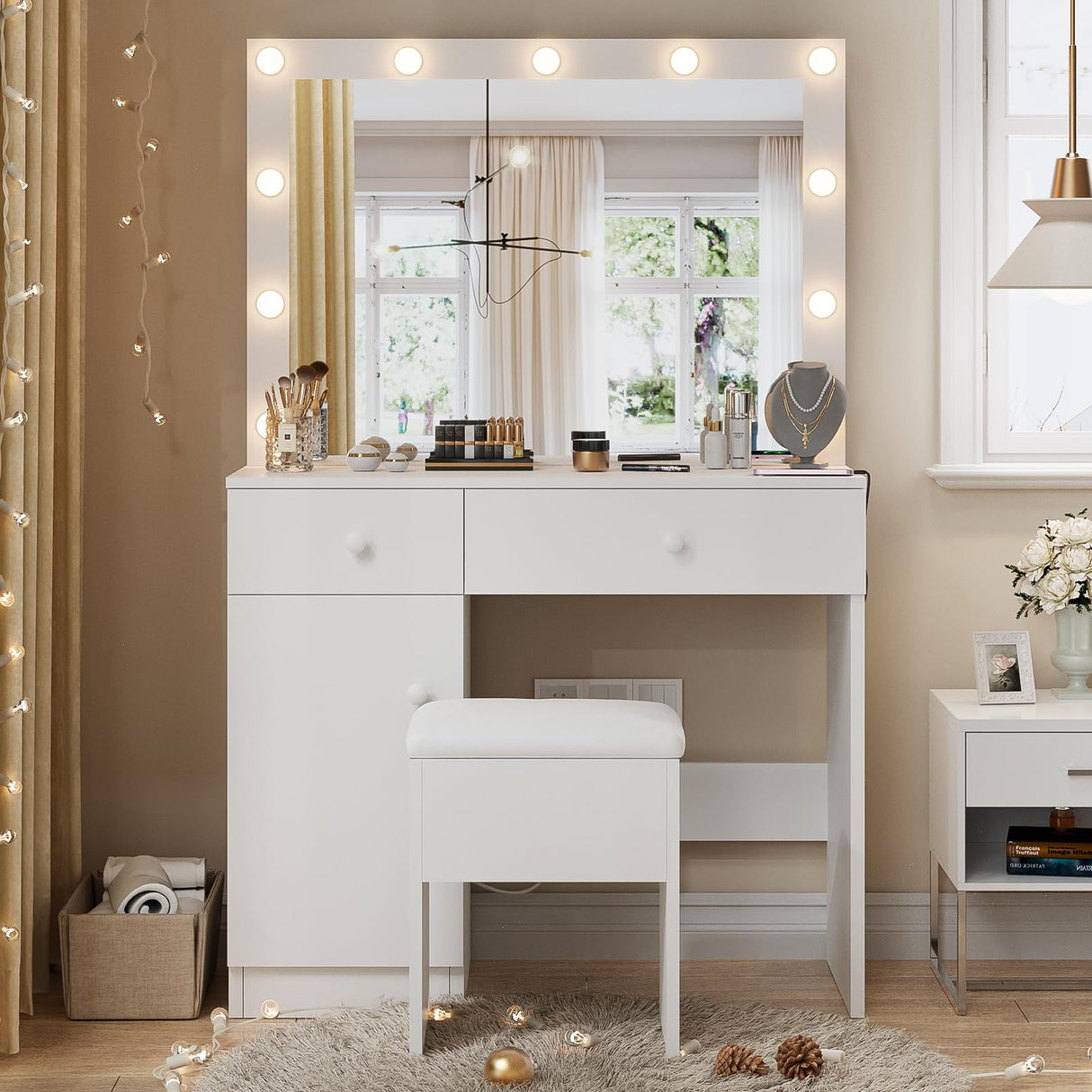 Haewon Makeup Vanity Desk with Lighted Mirror, White Vanity with Chair Power Outlet Drawers Cabinet, Dressing Table Set with 3 Lighting Modes for Bedroom Haewon