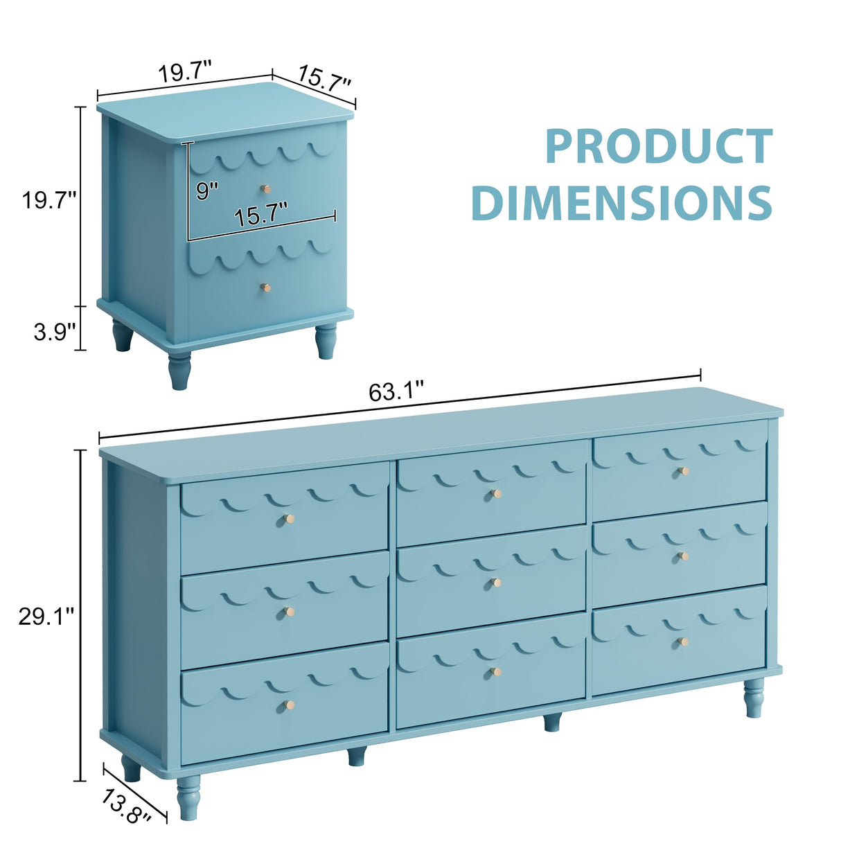 Anbuy Bedroom Set 3 PCS Scalloped 9 Drawer Dresser and Night Stand Sets for Bedroom, Two Drawers Nightstand Set of 2 & Scalloped 9 Drawer Dresser Combo 3 Pieces (Blue)