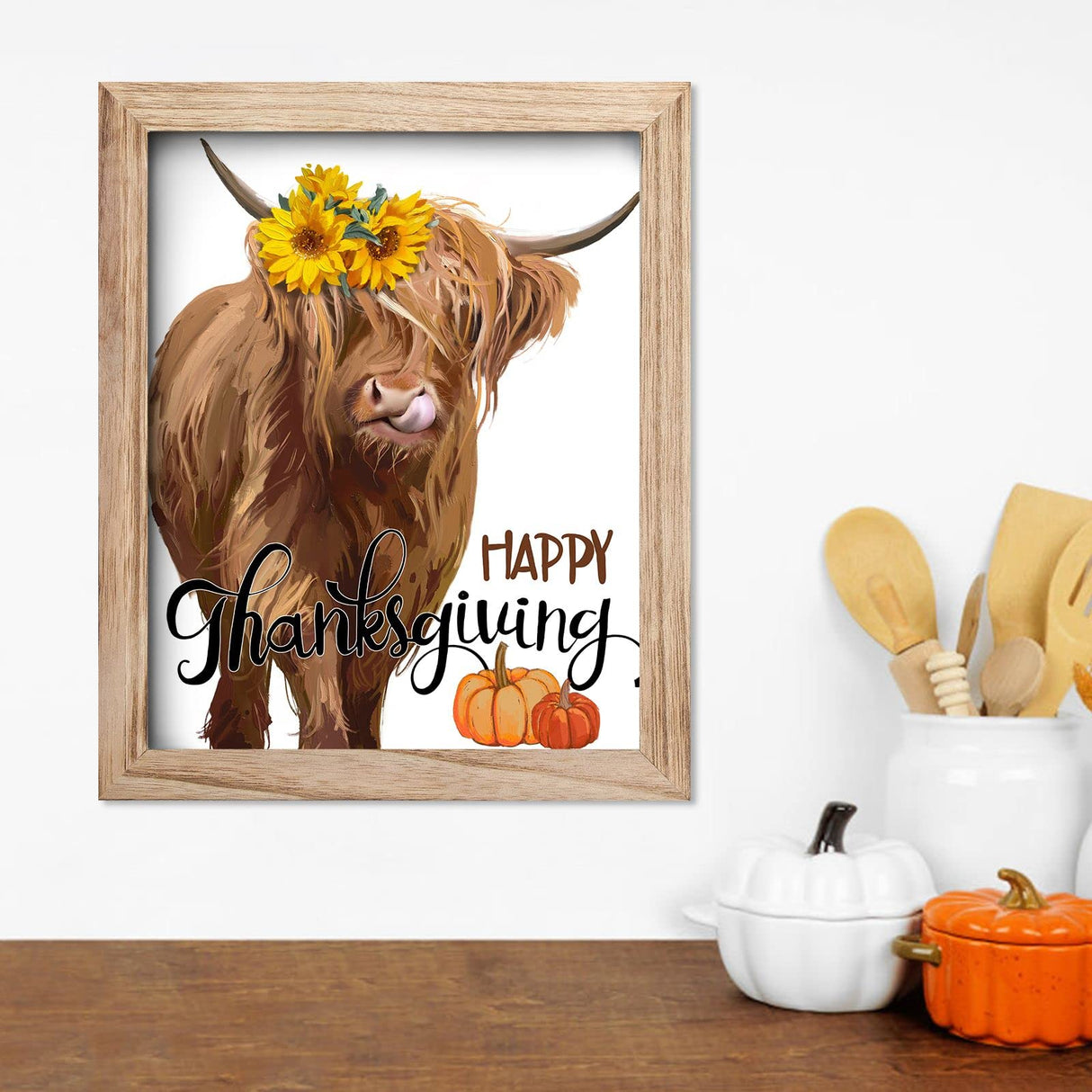 YPY Highland Cow Farmhouse Wall Decor Signs Xmas Cow Canvas Art with 7 Interchangeable Holiday Sayings, Rustic Wood Picture Frame Indoor Christmas Decorations for Home 10x12 YPY