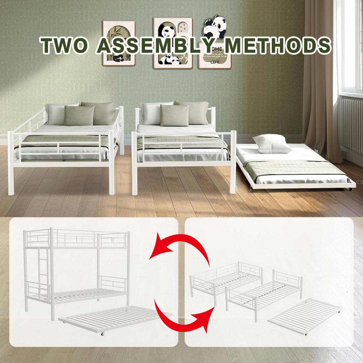 Twin Over Twin Bunk Bed with Trundle, Metal Bunk Beds with 2 Ladder and Guardrails, Convertible Triple Bunk Bed for Kids, Teens and Adults, No Box Spring Needed, Space Saving (White) AYJOIR