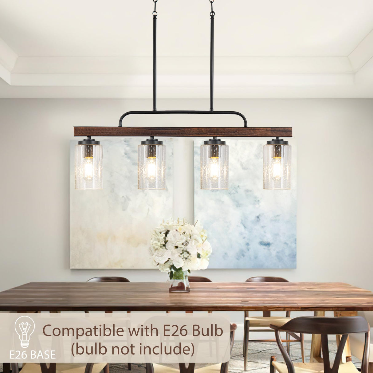 Farmhouse Dining Room Light Fixture, 4-Light Wood Kitchen Island Lighting, Industrial Chandeliers for Dining Room Over Table Black Pendant Light with Seeded Glass Shade for Bar Restaurant HOGBU