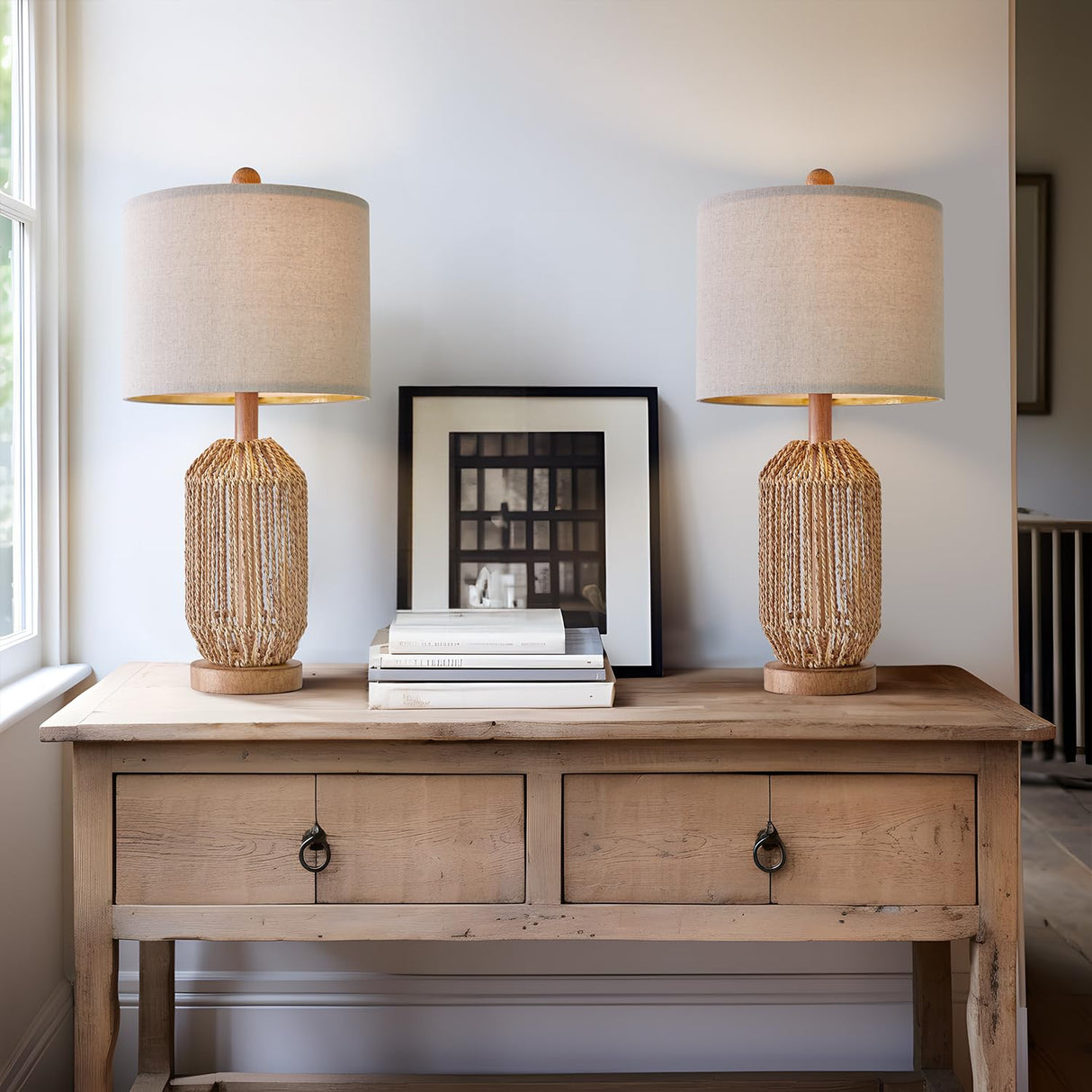 OYEARS 21" Boho Table Lamps Set of 2 for Living Room, Bedside Lamps for Nightstand, Rattan Lamp for Bedroom, Farmhouse Table Lamps for Boho Decor, End Table, Retro, Brown OYEARS