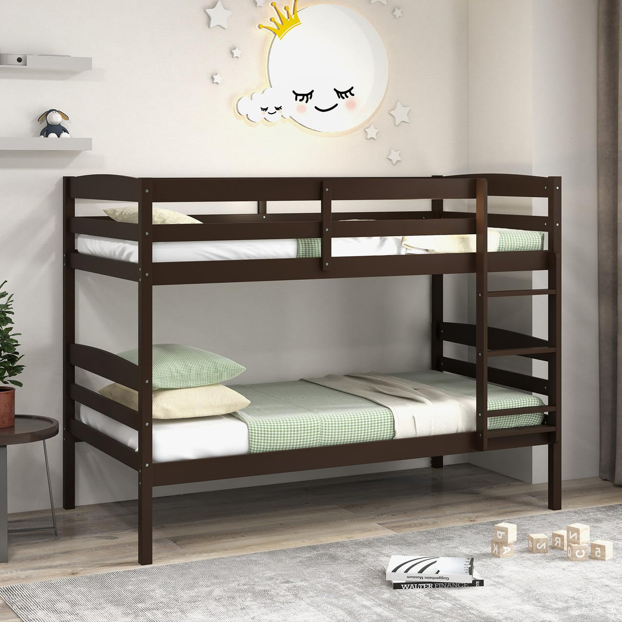 KOMFOTT Convertible Twin Over Twin Bunk Bed with Guardrail & Ladder, Space-Saving Wood Design KOMFOTT