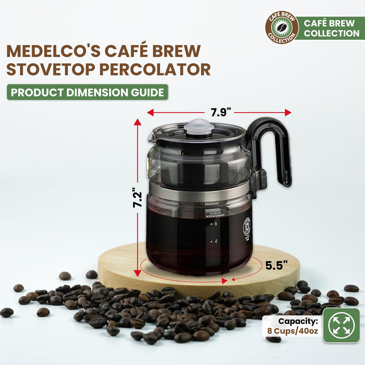 Café Brew Collection 8-Cup Glass Stovetop Percolator Coffee Pot - Borosilicate Glass Coffee Percolator - BPA Free - Dishwasher Safe - Brewing on Electric and Gas Ranges CAFÉ BREW COLLECTION