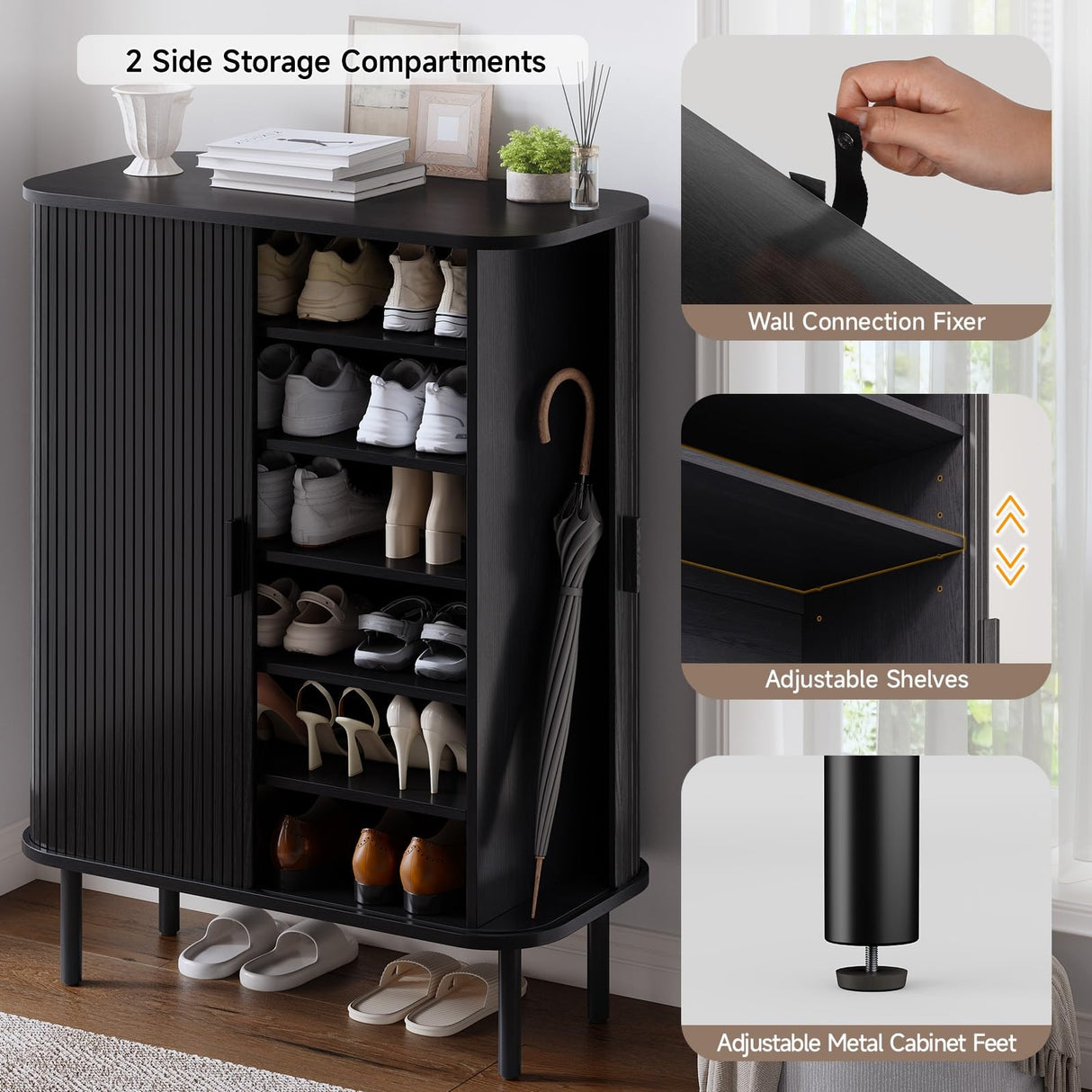 ONBRILL 6-Tier Shoe Cabinet with Sliding Door, Wooden Shoe Storage Cabinet with Adjustable Shelves, Mid-Century Modern Freestanding Shoe Storage Organizer for Entryway, Hallway, Living Room, Black ONBRILL