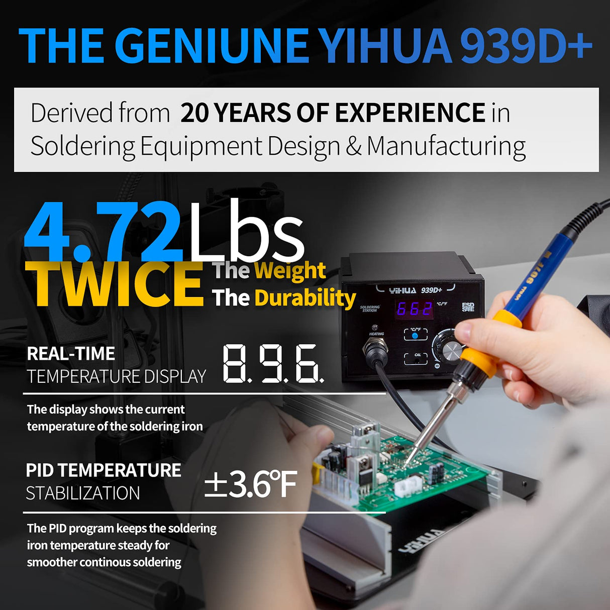 YIHUA 939D+ Digital Soldering Station, 75W Equivalent with Precision Heat Control (392°F to 896°F) and Built-in Transformer. ESD Safe, Lead Free with °C/°F display (Black) YIHUA