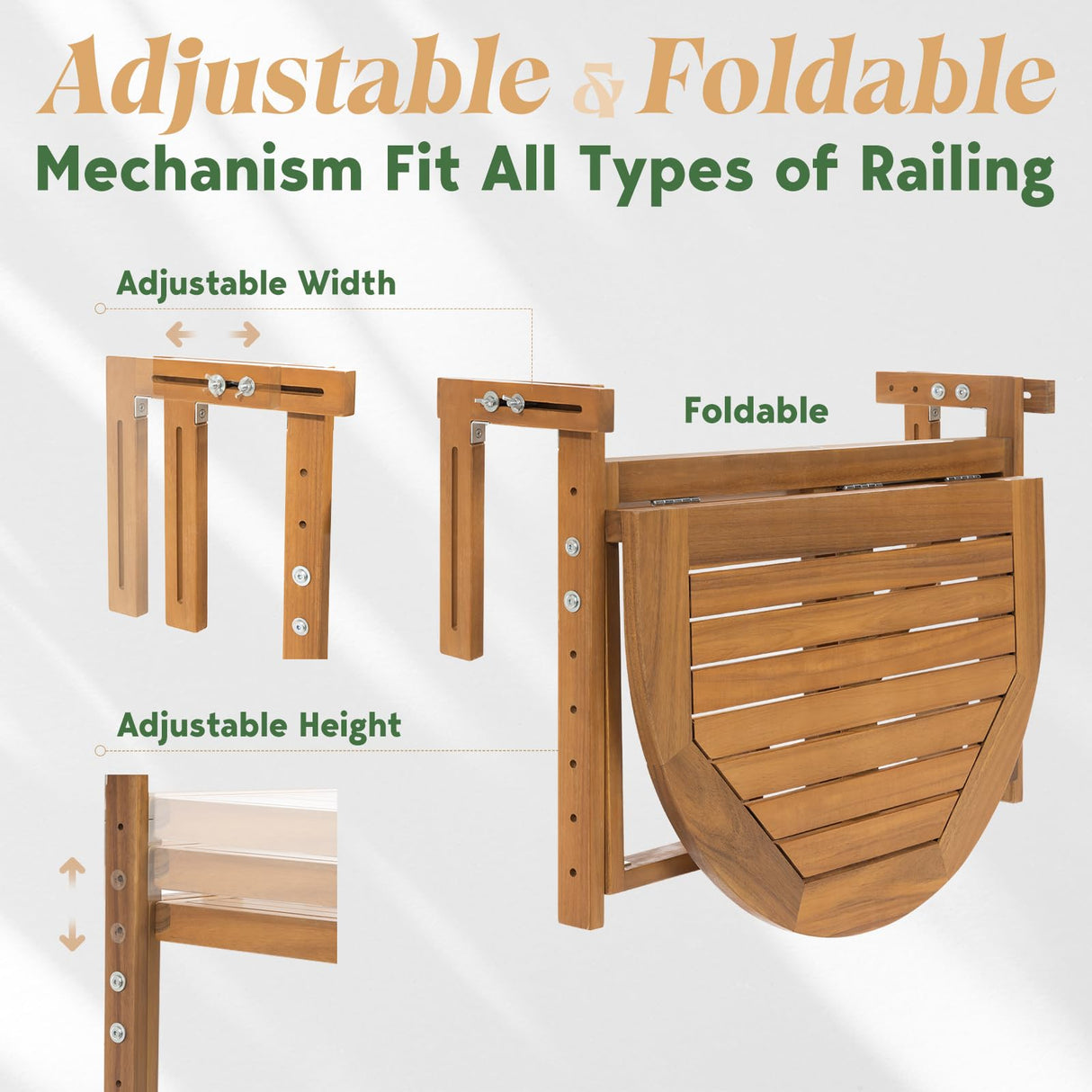 IDZO FSC Acacia Wood Folding Balcony Bar Table for Railings, Adjustable Height & Width, Teak Brush Finish Durable Against Weather, Ideal Spacious Dimension of 27 9/16 x 21 5/8 Inch, Half-Round Design IDZO