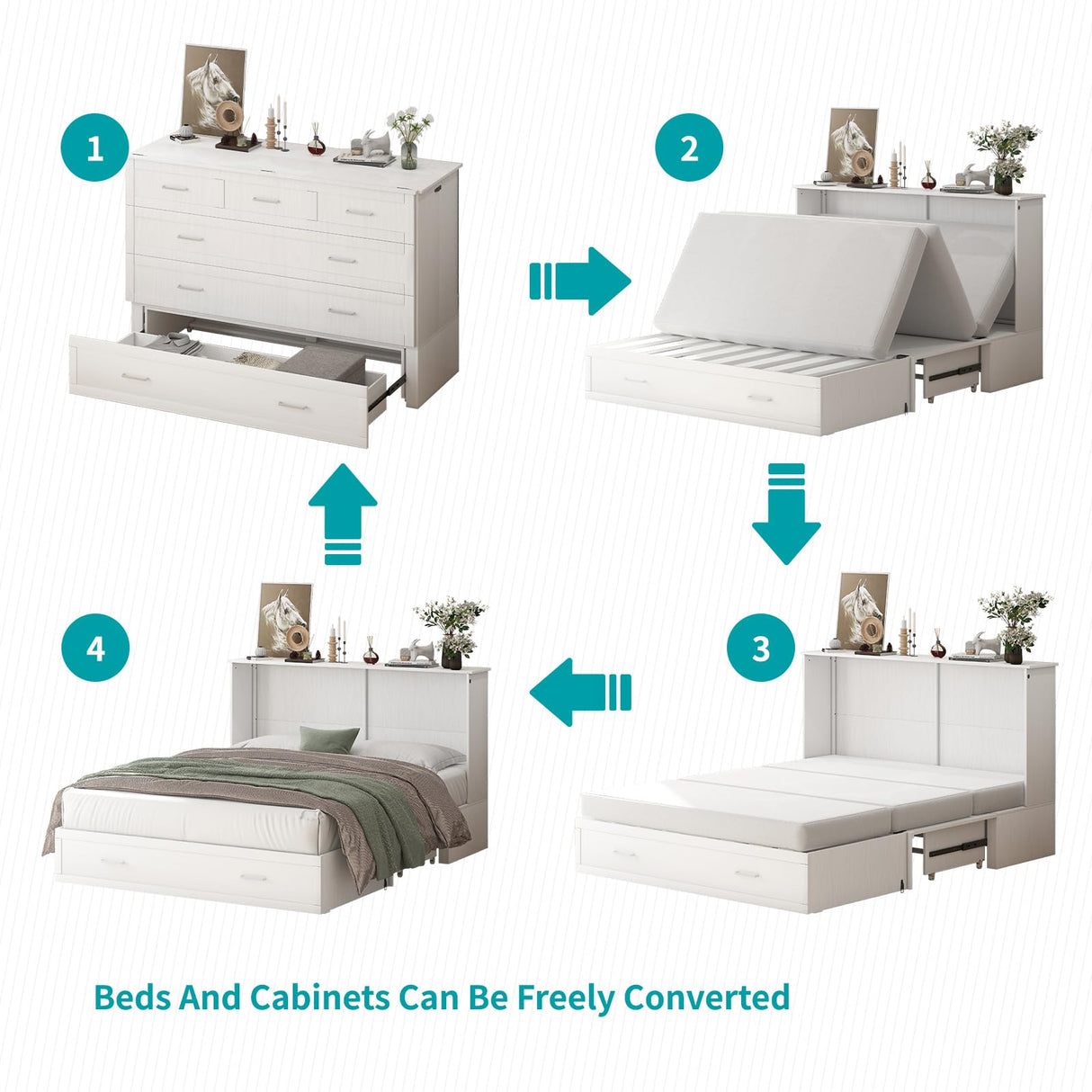 BALUS Murphy Cabinet Bed, Queen Murphy Bed with Charging Station, Tri-fold Memory Mattress, Storage Drawers, Space-Saving Wooden Folding Cube Chest Wall Beds for Living Room and Apartments White BALUS