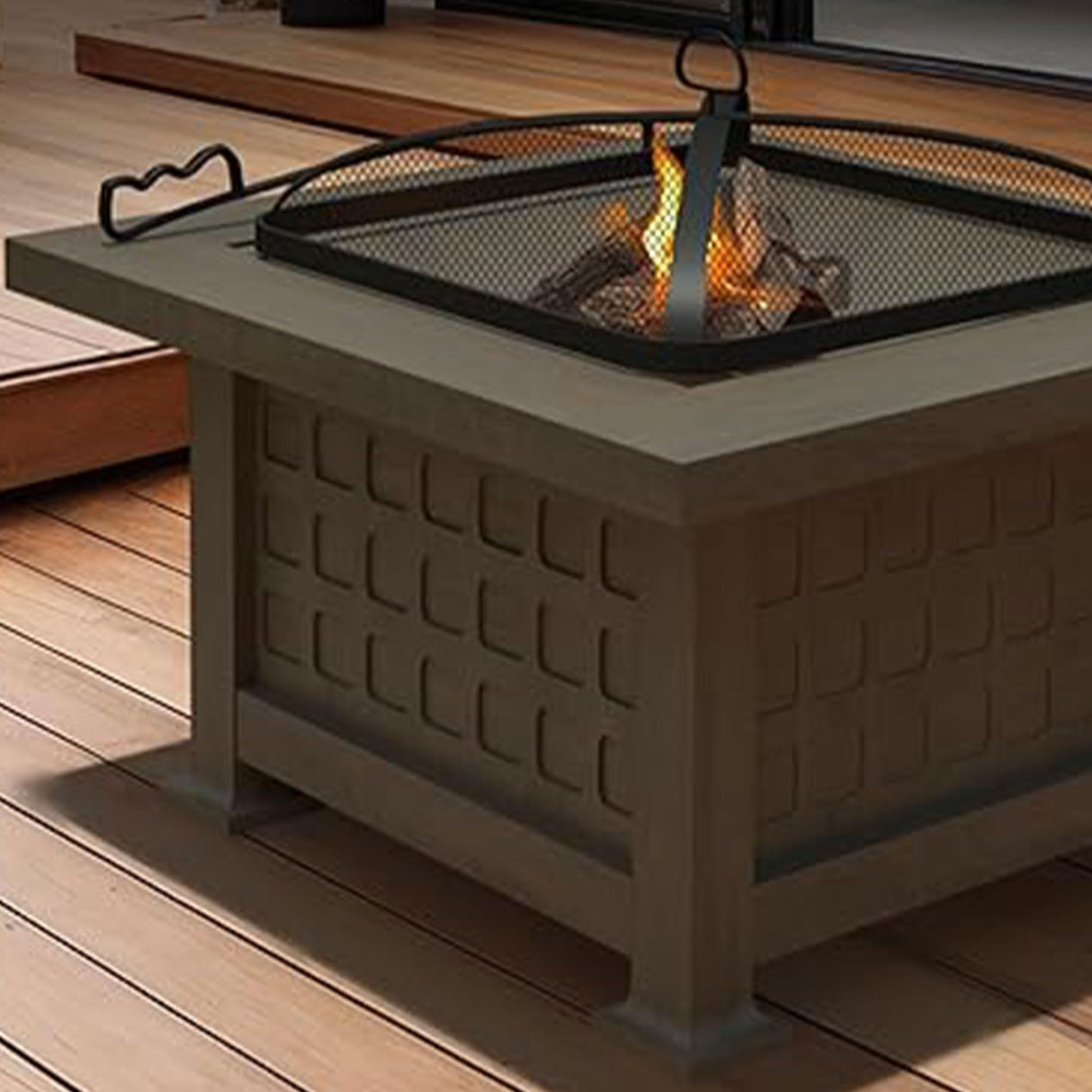 Four Seasons Courtyard 30" Steel Slate Top Wood Burning Fire Pit Square Outdoor Backyard Patio and Deck Fireplace with Safe Screen and Poker, Bronze Four Seasons Courtyard