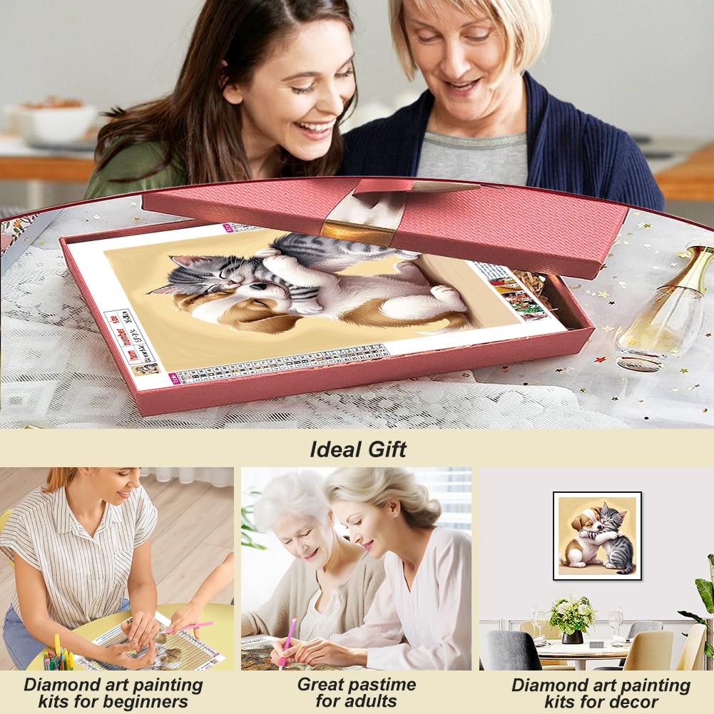 SJUTOUCI Dog and Cat Diamond Painting Kits for Adults, Diamond Art Kits for Beginners, 5D Round Diamond Dots Gem Art Craft for Home Wall Decor 12x12 inch, Animals SJUTOUCI