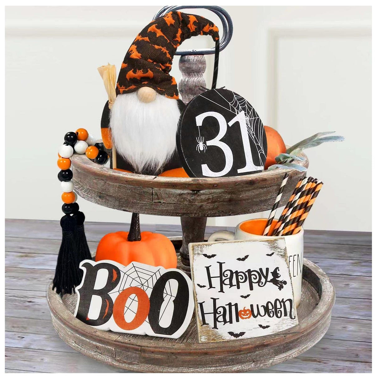Halloween Decor - Halloween Decorations - BOO Happy Halloween Wooden Signs - Cute Gnomes Plush and Bead Garland - Farmhouse Rustic Tiered Tray Decor Items for Home Table House Room ORIENTAL CHERRY