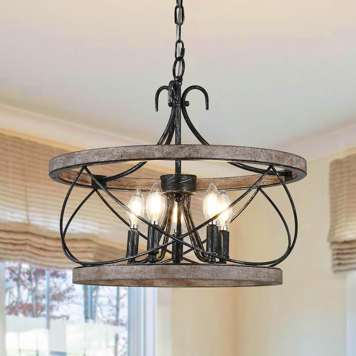 Dawn Whisper Farmhouse Chandelier, 20" Rustic Drum Chandelier Light Fixture Over Table, 5 Light Wood Chandeliers for dining room Dawn Whisper