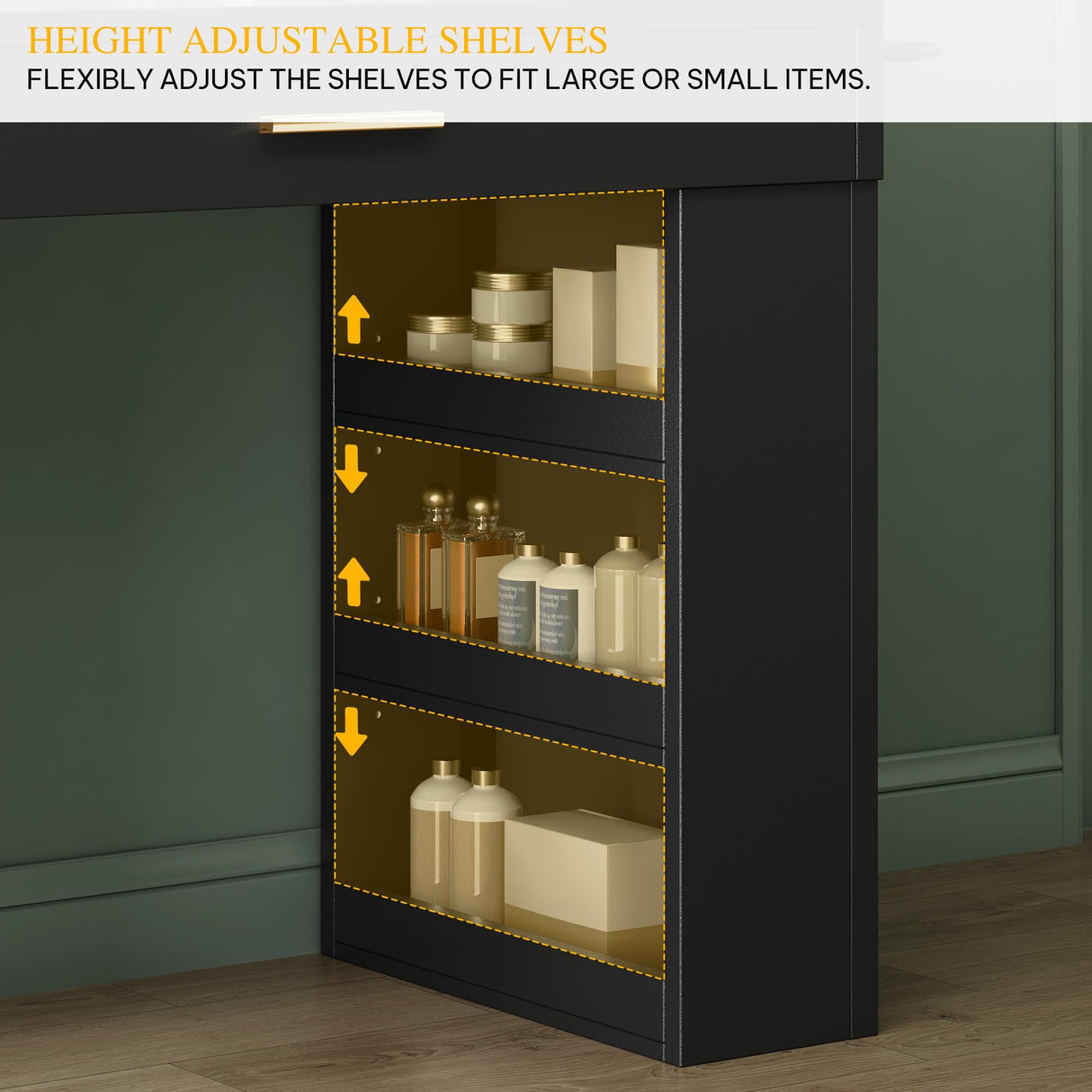 DWVO Vanity Desk with Mirror, Large Makeup Table with Power Outlets, 11 LED Bulbs, 3 Adjustable Light Modes, 4 Drawers and Built-in Shelves, Hollywood Dressing Vanity Desk Set for Bedroom, Black DWVO