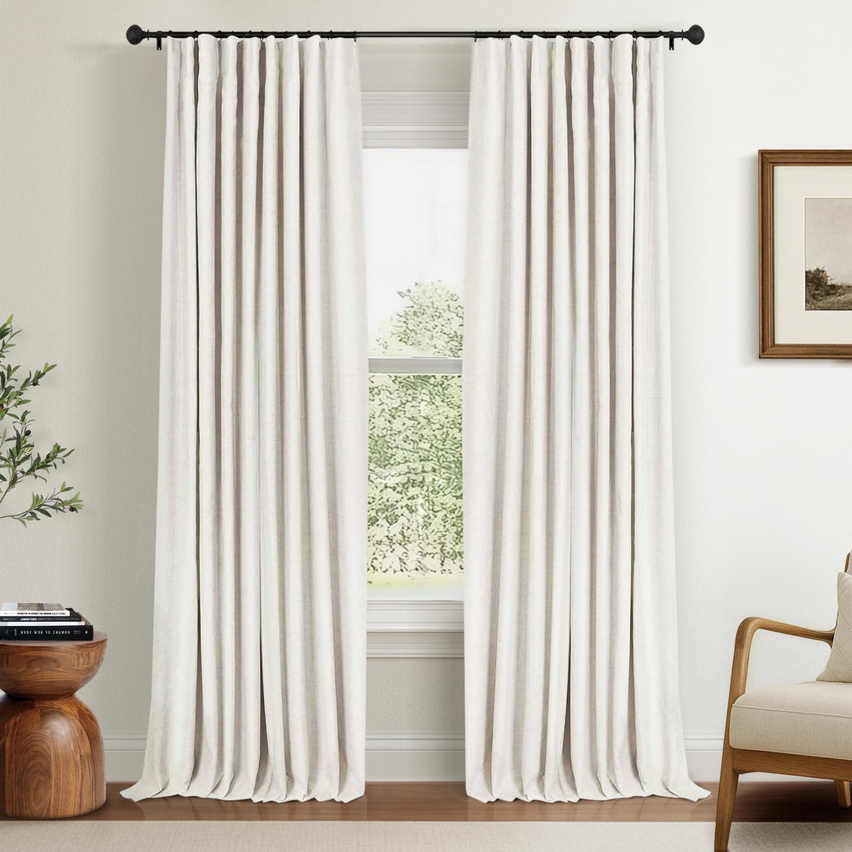 INOVADAY 100% Blackout Curtains for Bedroom, Black Out Curtains 96 Inch Long, Clip Rings Linen Blackout Drapes, Thermal Insulated Room Darkening for Living Room, 2 Panels - Beige,W50xL96 INOVADAY