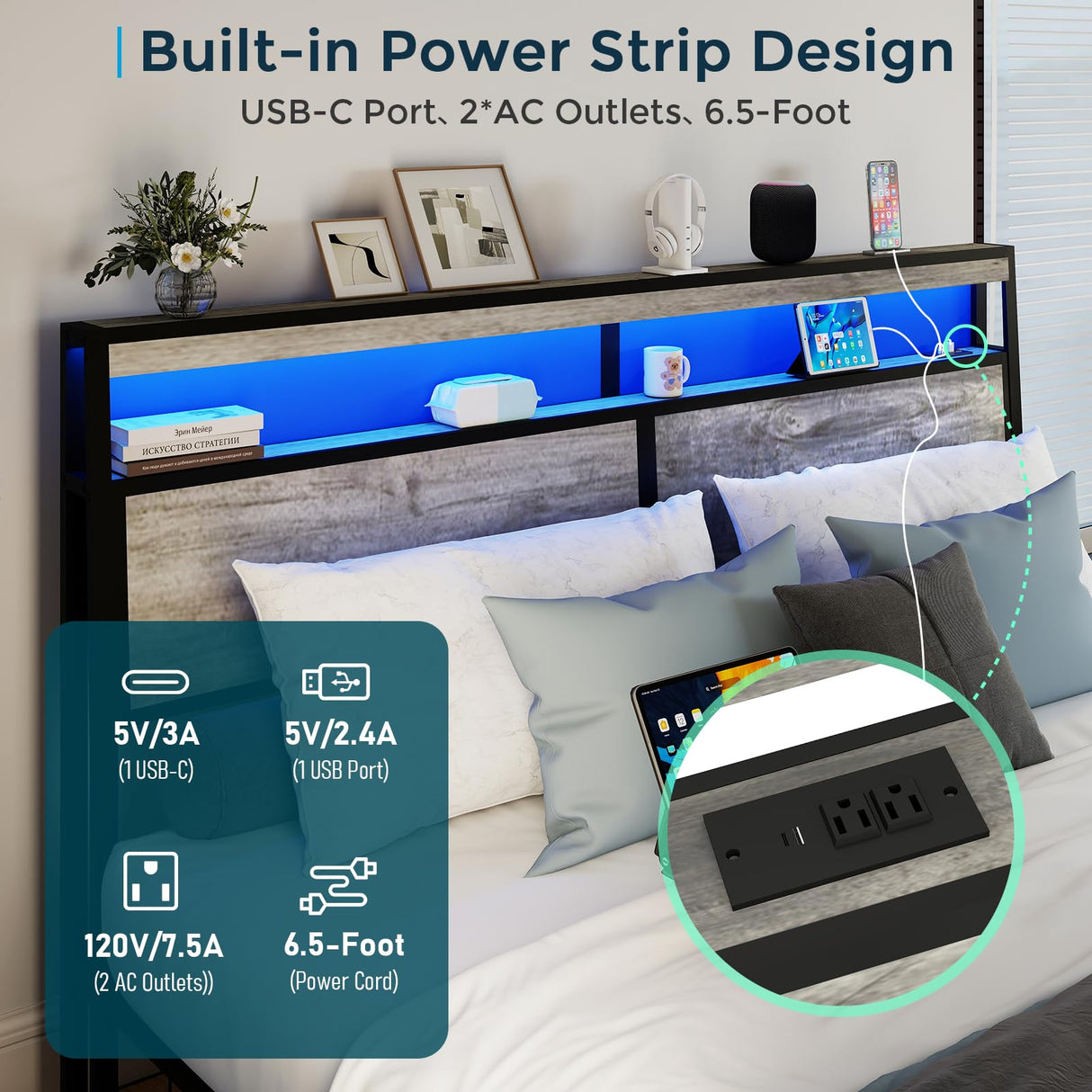 SADENICEL King Size Bed Frame with Storage Headboard, Metal Platform King Bed Frame Wood with 4 Drawers, LED Light, Charging Station, No Box Spring Needed, Noise Free, Easy Assembly, Grey SADENICEL