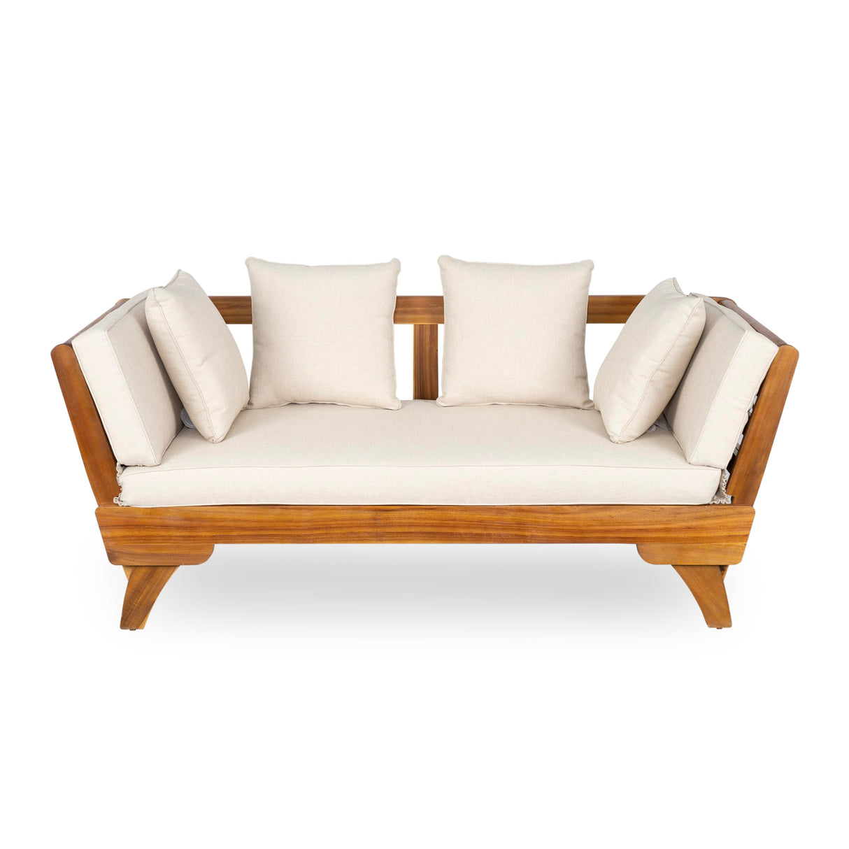 Christopher Knight Home Gary Patio Convertible Couch, Wooden Outdoor Daybed, 3-Seater Acacia Wood Patio Furniture Lounge Sofa for Backyard/Poolside/Garden, Back Pillow+Removable Cushion, Teak+ Beige Christopher Knight Home