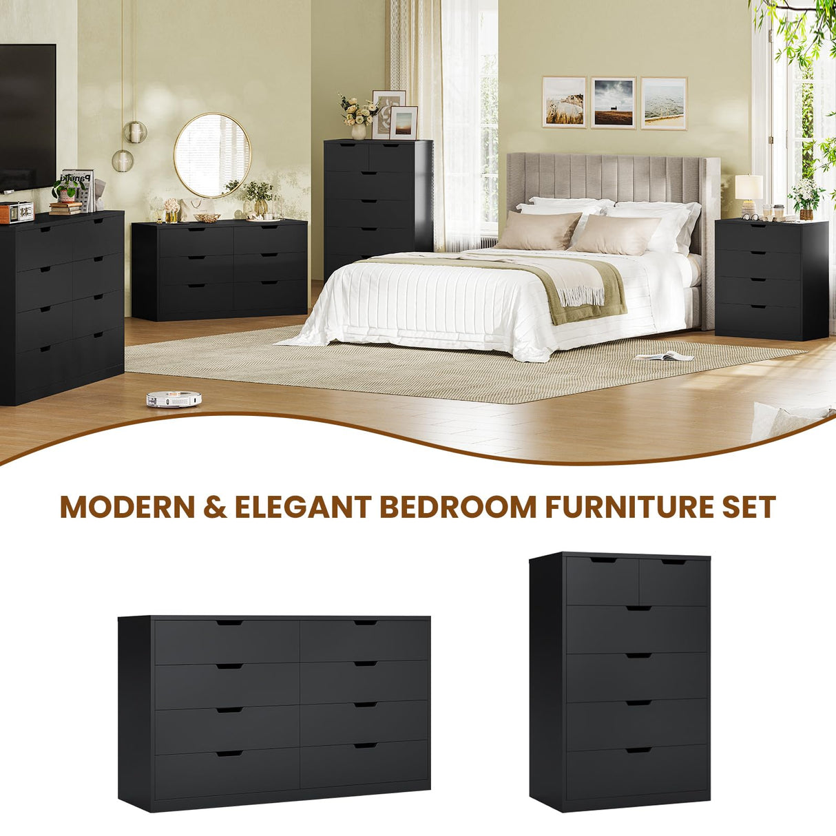 BTHFST 8 Drawers Black Dresser for Bedroom, Modern Wood Chest of Drawers 8 Drawer Dresser with Large Capacity for Living Room, Closet, Hallway, Entryway BTHFST