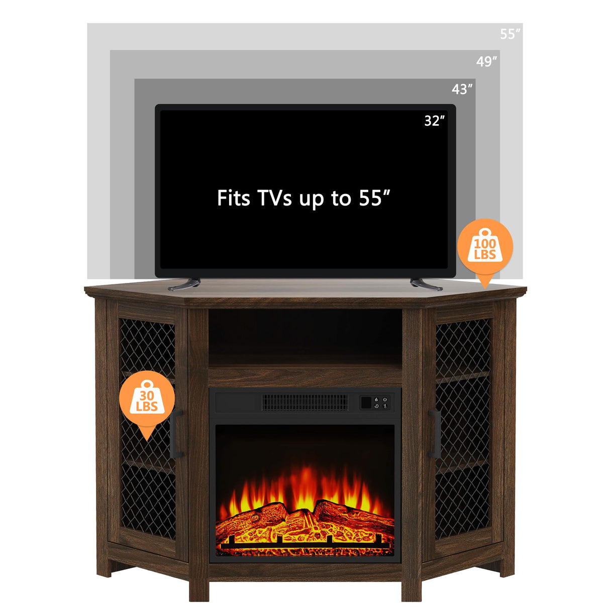 COMEFFIE 45" Corner TV Stand with 18" Fireplace Insert, Electric Fireplace Entertainment Center with Adjustable Shelves, Modern TV Stand Fit TVs up to 55 Inches for Living Room, Bedroom (Brown) COMEFFIE