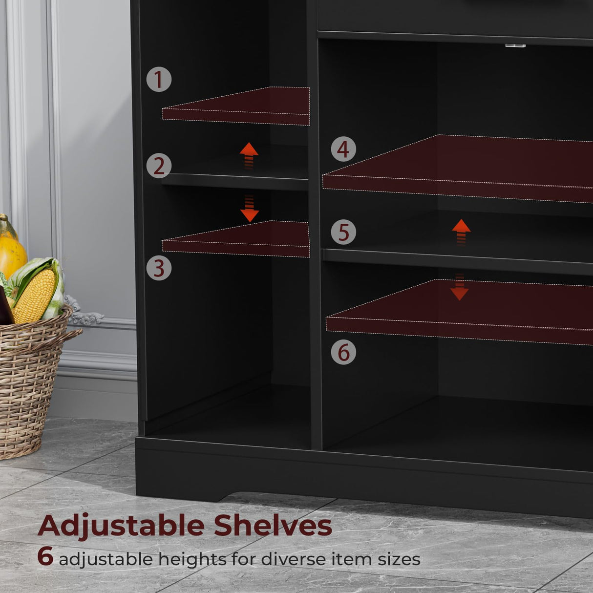 Lyromix 53" Long Kitchen Island with Trash Can Storage, Black Kitchen Island with Garbage Bin 10 Gallon, Portable Island with Trash Can, Wood Top, Spice Rack and Drawers Lyromix