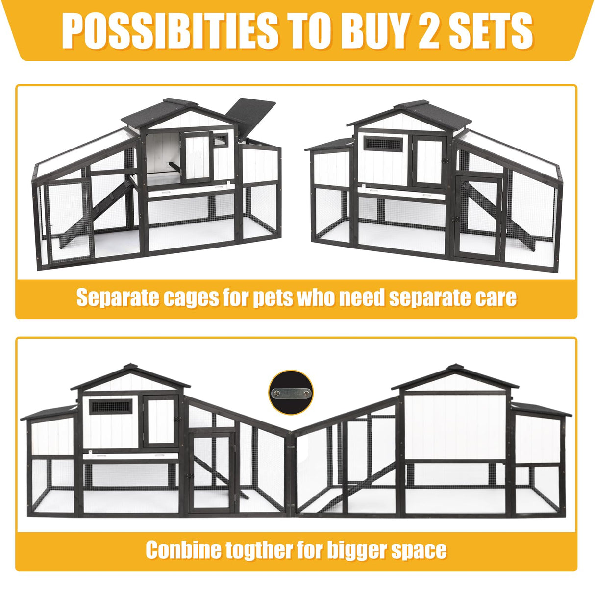 Chicken Coop and Run, Two Story Rabbit Hutch Indoor Outdoor, Wooden Hen House with Nesting Box Rabbit Cage, Ramp, Deep No Leak Pull Out Tray, for Chick, Bunny(Black) PetsCosset