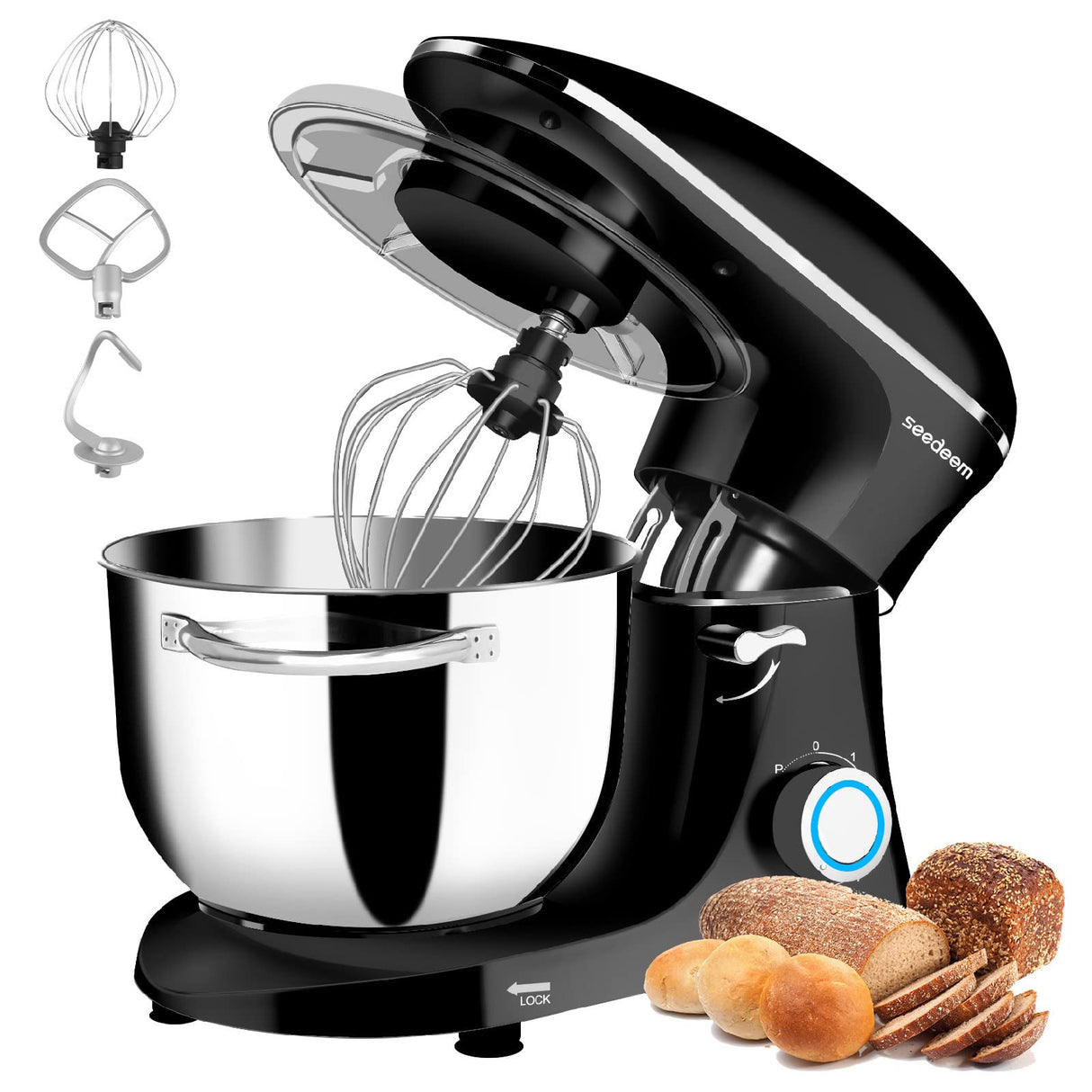 Seedeem Stand Mixer, 6Qt Electric Food Mixer, 660W 6-Speeds Tilt-Head Dough Mixers with Dishwasher-Safe Dough Hook, Wire Whip & Beater for Daily Use, Black SEEDEEM