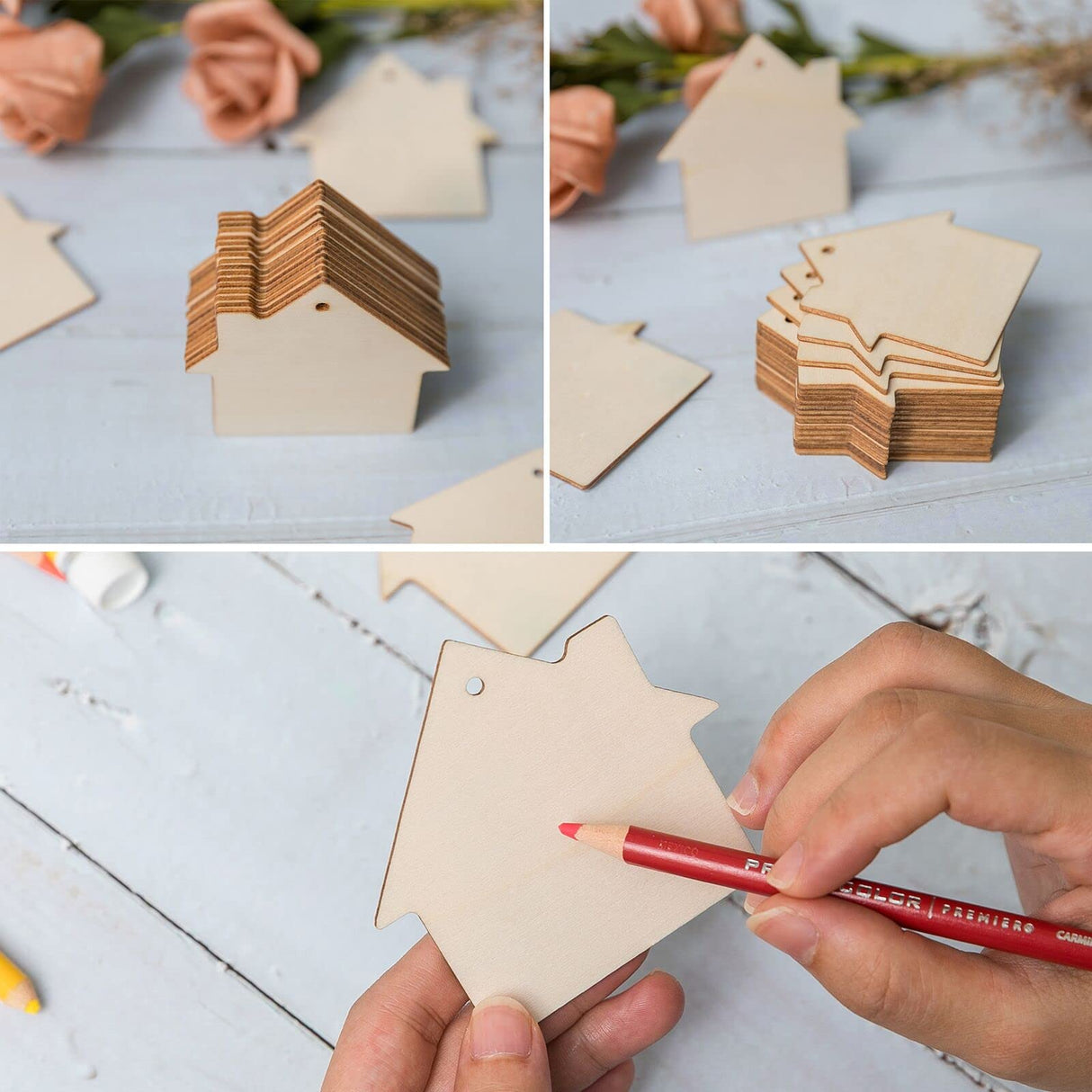 House Shape Hanging Wood House Unfinished Wood with Twines DIY Craft Ornament for Christmas Wedding Birthday Thanksgiving Party Decoration 20Pack Lamantery