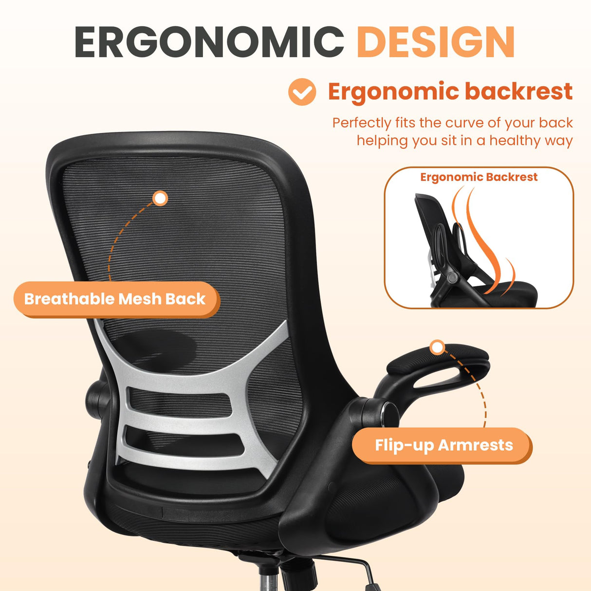 HYLONE Drafting Chair Tall Office Chair, High Ergonomic Standing Desk Computer Stools with Rubber Wheels, Flip-up Armrests, Adjustable Height and Foot-Ring, Comfortable Mesh Fabric, Black HYLONE