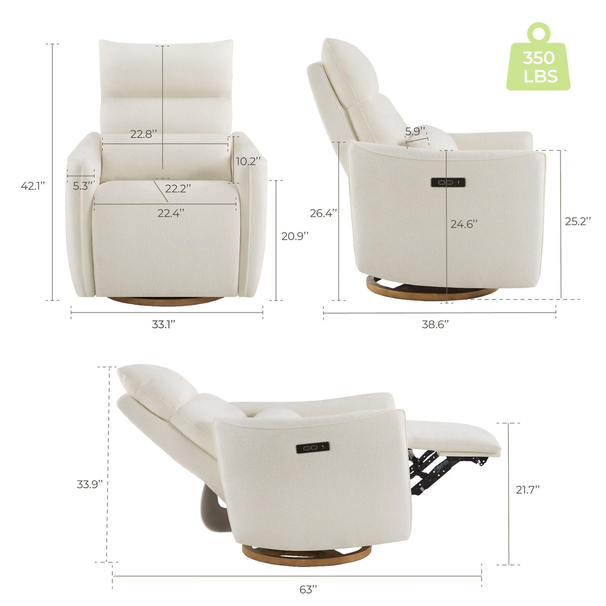 CHITA Swivel Rocker Recliner Chair, Power Nursery Glider Recliner, Nursery Rocking Chair with Adjustable Power Headrest, FSC Certified, Solid Wood Base, Cream CHITA