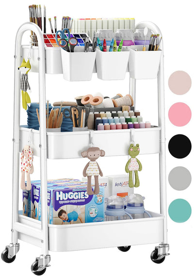 3 Tier Rolling Cart Metal with Wheels, Heavy Duty White Three Tiered Craft Cart Organizer on Wheels, Utility Roller Storage Carts for Art, Baby Nursery, Diaper Caddy, Snack,Book,Nail,Cleaning Supplies