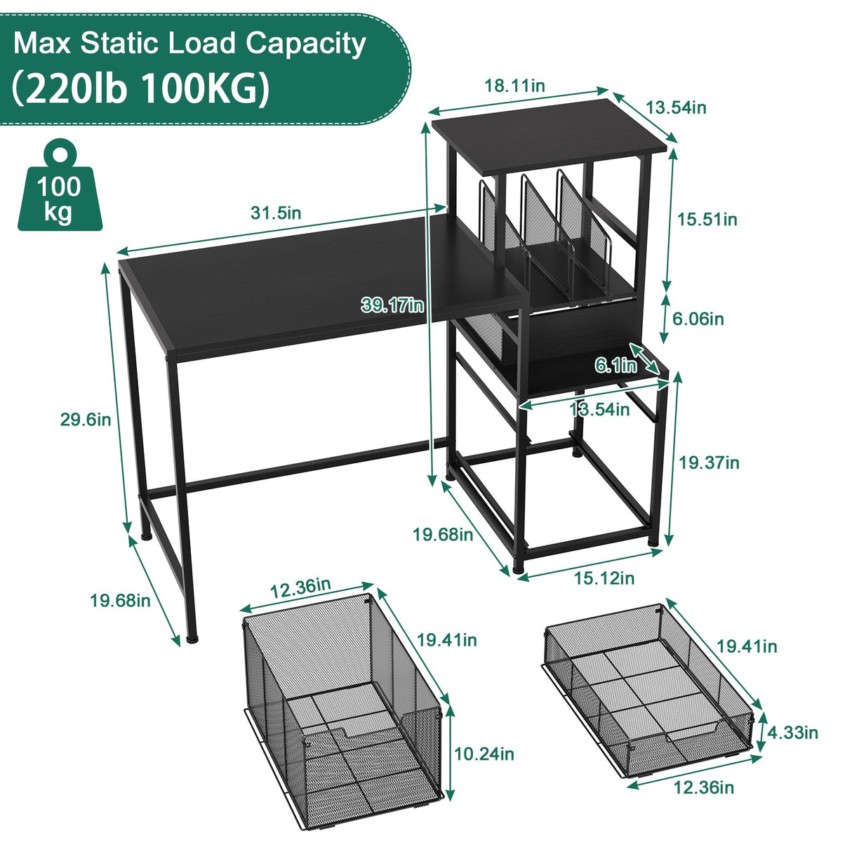 Sbanmao Computer Desk with Drawers and Storage Shelves, 47 Inch Home Office Desks with Mesh File Drawers Cabinet for Small Space,Gaming Study Writing Table for Bedroom,Black Sbanmao