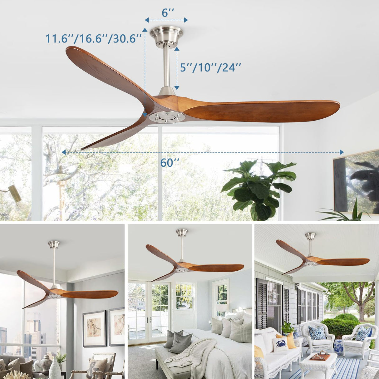 CACI Mall 60 inch 3 blade wood ceiling fan no Light, Solid, Quiet, Reversible DC Motor, Outdoor, Indoor Ceiling Fan for Living Room, Patio, Bedroom, Porch, Farmhouse CACI Mall