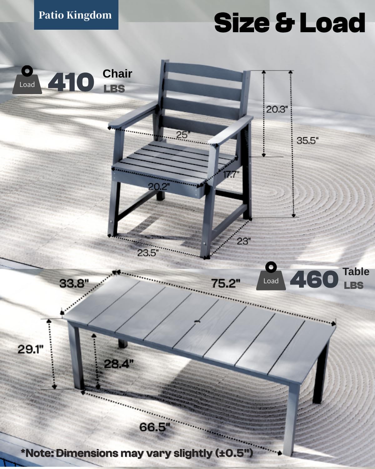 Patio Kingdom 5-Piece Outdoor Dining Set for 4, 75.2'' HDPE Table with Umbrella Hole & Chairs, Weather-Resistant Patio Furniture for Garden, Lawn, or Poolside (Grey) Patio Kingdom