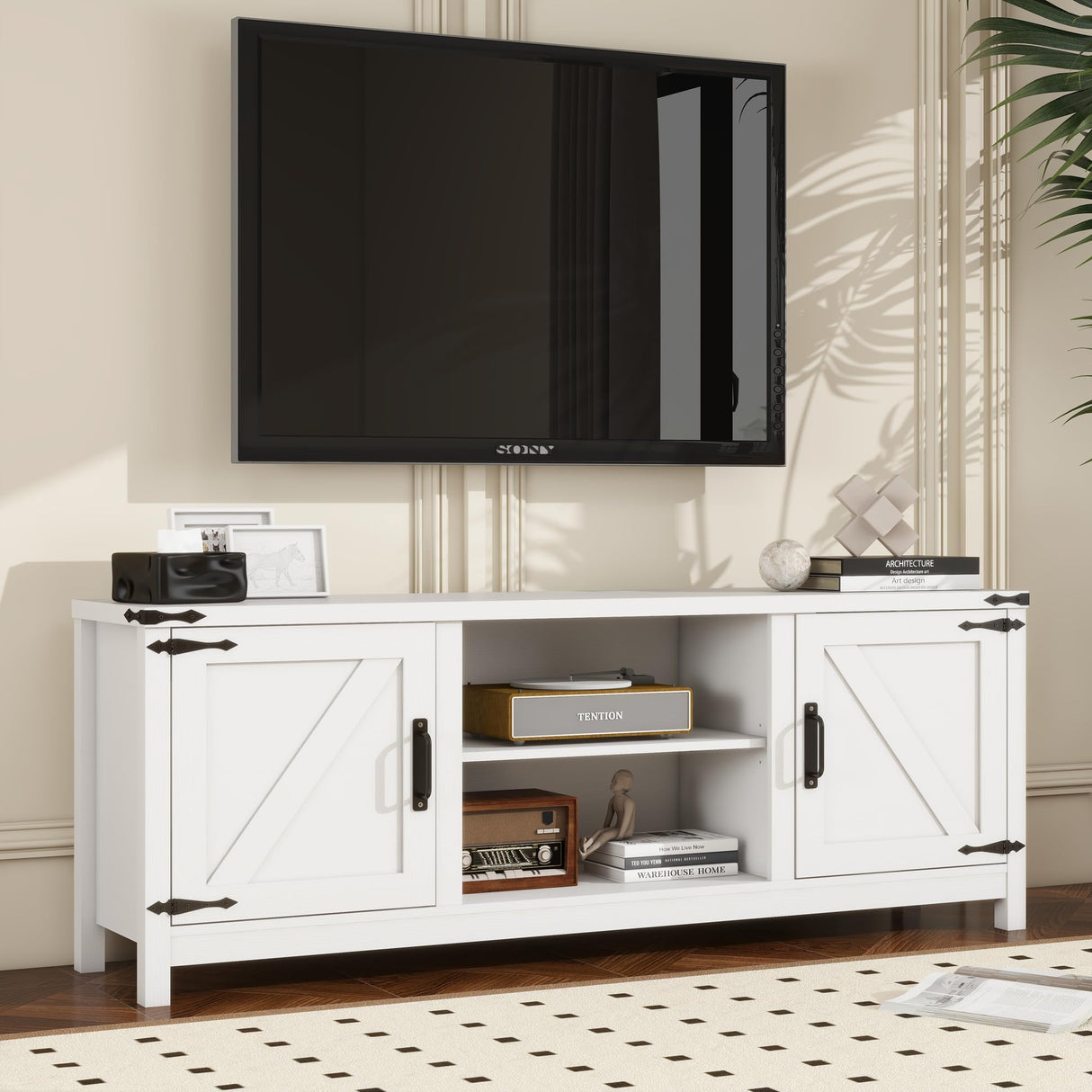 Panana Modern Farmhouse TV Stand for 65 inch TV, Entertainment Center with Storage and Open Shelves, Wood TV Stands TV Table Stand for Living Room, Bedroom (White, for 32"-65" TV) Panana