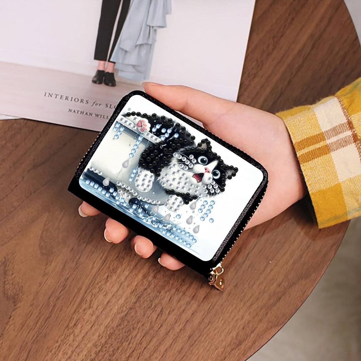 BAYUNOE Diamond Art Painting Credit Card Holder Anti-demagnetization Wallet with Zipper Business Accordion Card Wallet for Women Men Travel-Cat BAYUNOE