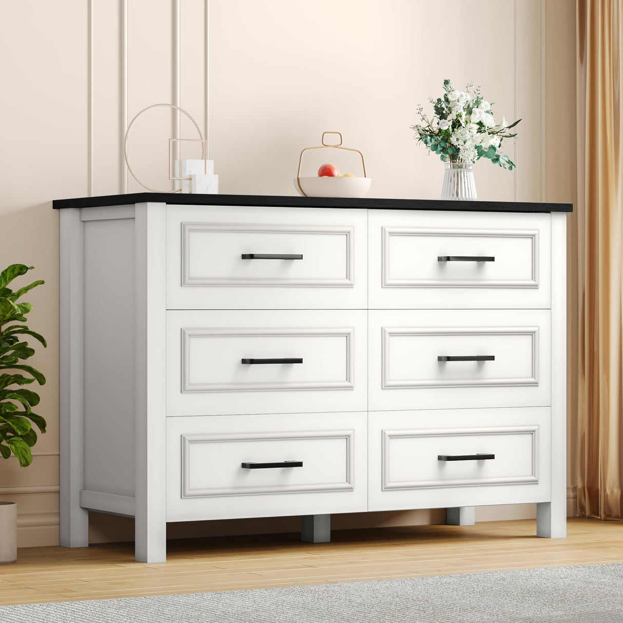 DWVO Farmhouse Wooden Dresser TV Stand with Power Outlet, 6-Drawer Dresser with Large Storage Drawers and Bar Handles, Ideal for Living Room, Hallway, 47.2" L x 15.7" W x 33.4" H - White & Black DWVO