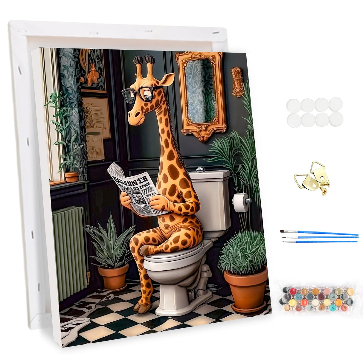 EOBROMD Framed Paint by Numbers Kits for Adults Cute Giraffe in The Toilet, DIY Kits Crafts for Beginner, Painting on Stretched Canvas, Oil Paint by Numbers for Home Decor Gift 12x16inch EOBROMD