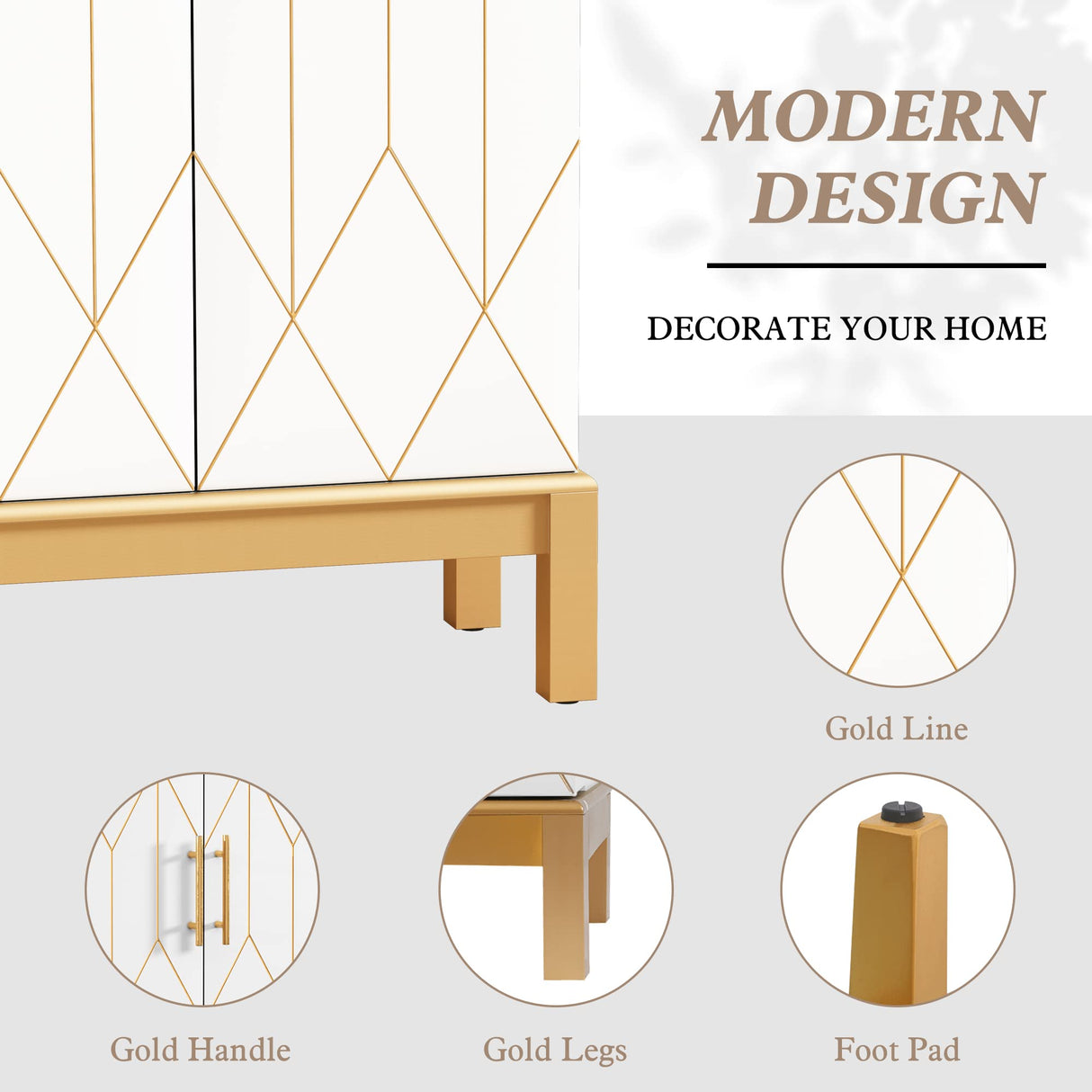 ARTPOWER 45'' Kitchen Pantry Cabinet with Gold Trim, Pantry Cabinets with Doors and Adjustable Shelves, Food Pantry Cabinet for Kitchen, Dining Room and Living Room,Classic White Cabinet with Gold Leg ARTPOWER