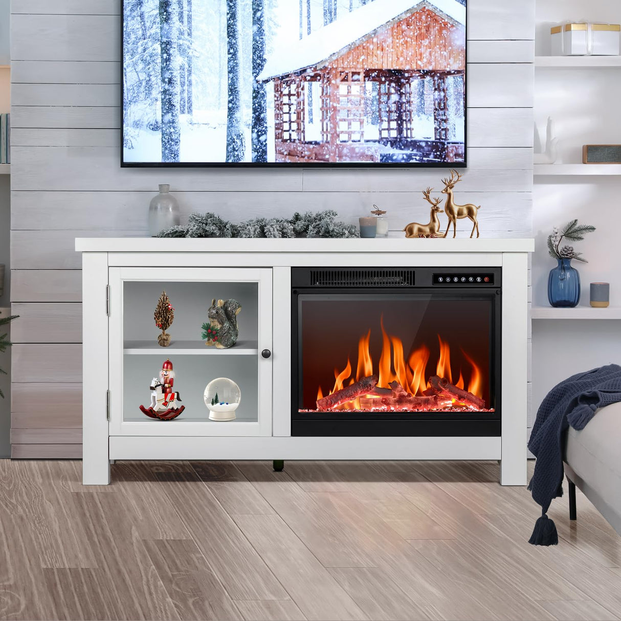 R.W.FLAME Fireplace TV Stand for 50 Inch TV,Modern Entertainment Center with 23" Electric Fireplace,Media Furniture for Living Room with Storage Cabinets, 48 Inch,White R.W.FLAME