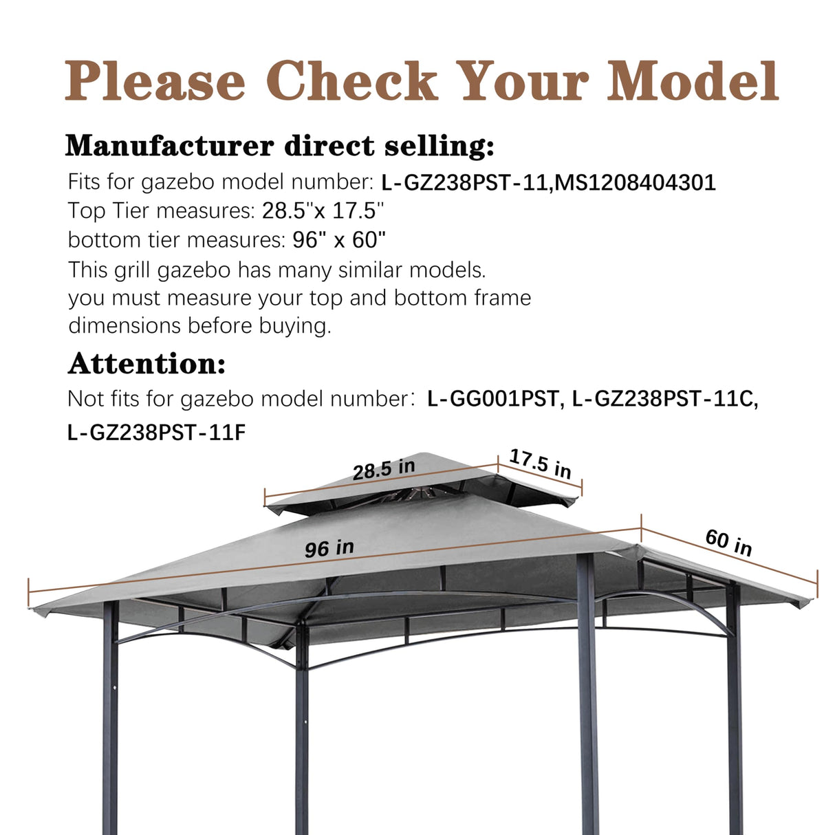 SCOCANOPY Upgraded Ripstop Fabric Replacement Canopy Grill BBQ Gazebo Roof Top for Gazebo Model L-GZ238PST-11 Only,(Gray Ripstop) SCOCANOPY
