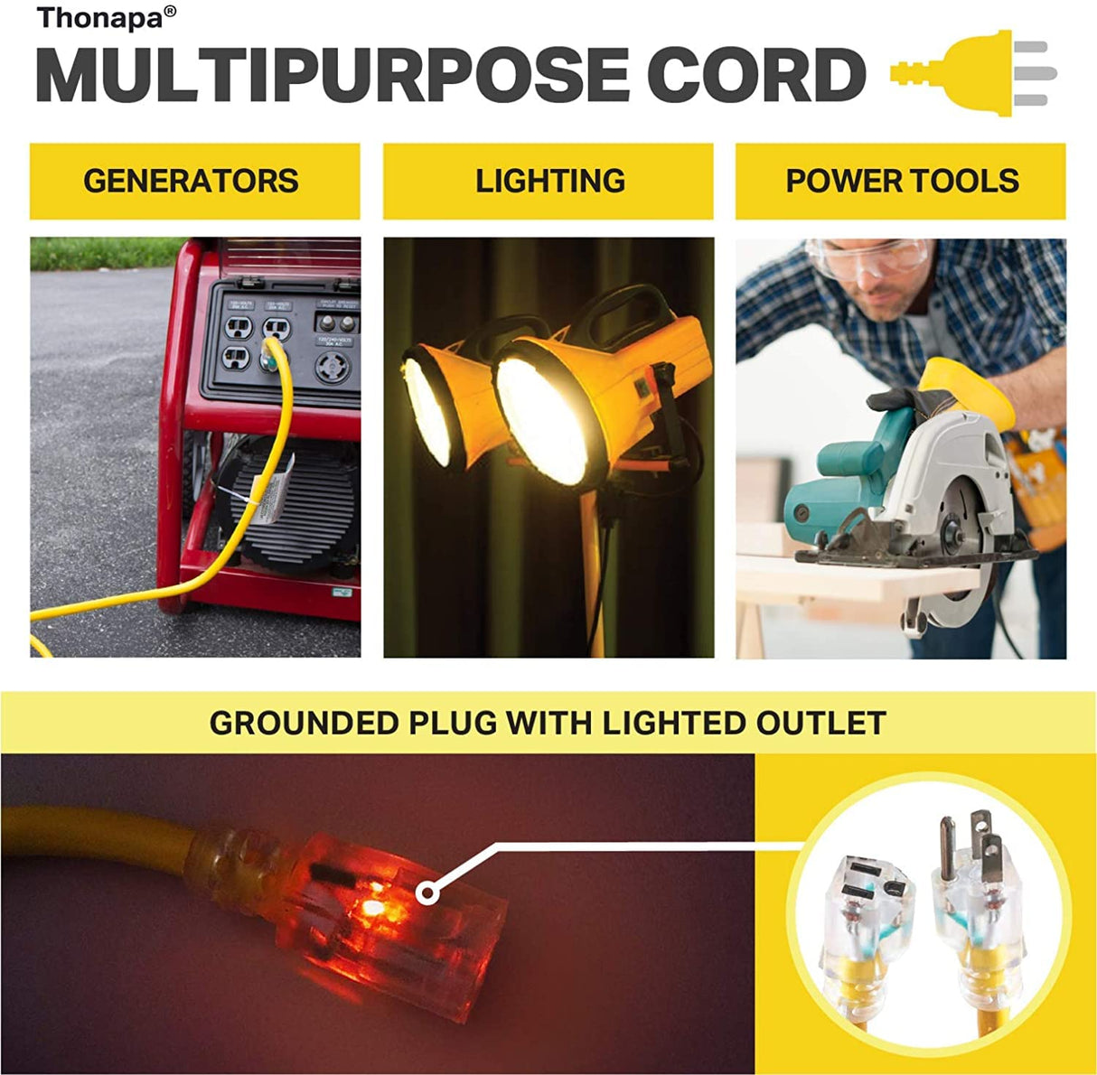 Thonapa 75 Ft 10 Gauge Extension Cord, Weatherproof Heavy Duty Outdoor Extension Cord 10 AWG 75’, SJTW 3 Prong Lighted Plug 10/3 Yellow Cable 15 Amp, Great for Major Appliances & Garden Tools Thonapa