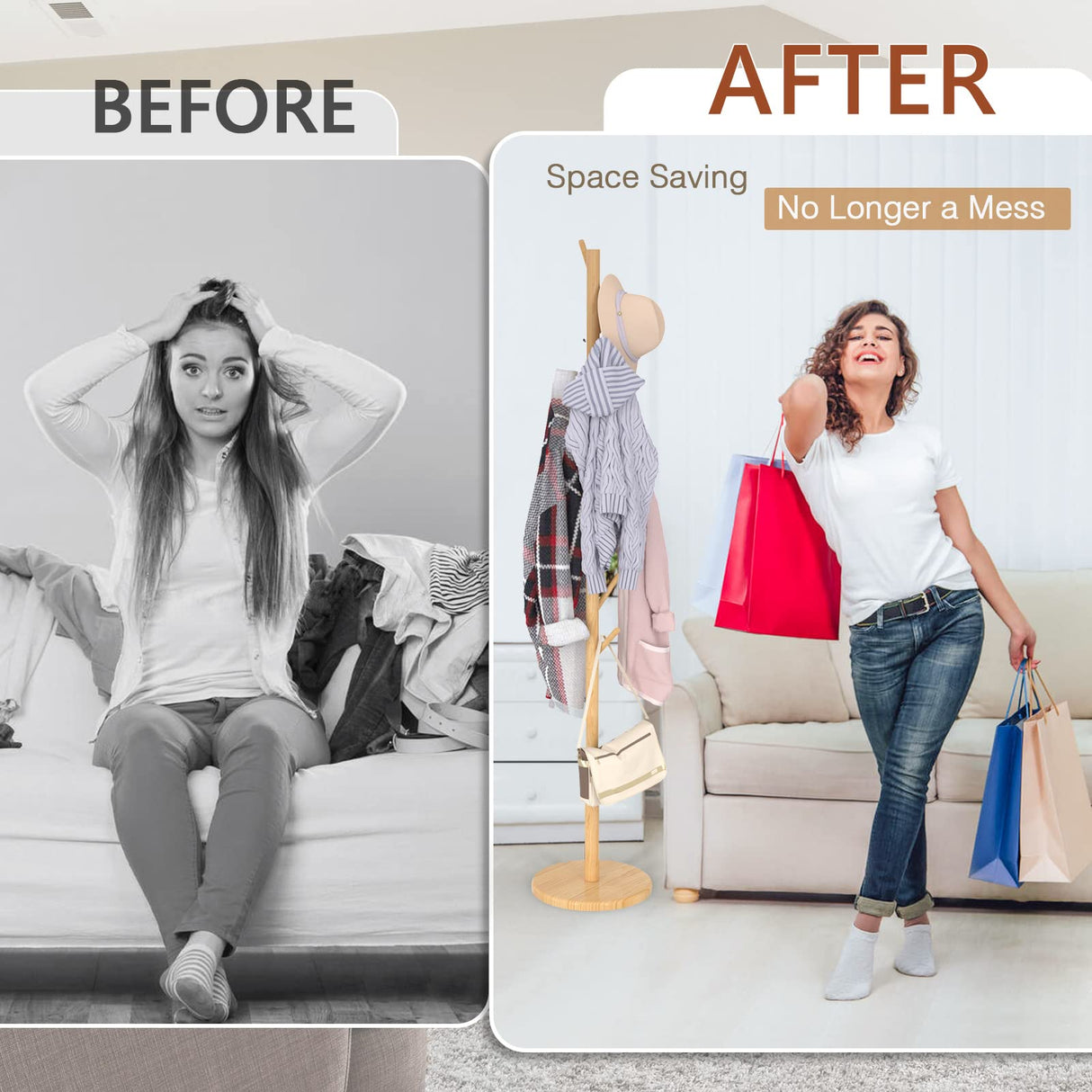 Wooden Coat Rack Freestanding Coat Tree with 4 Height Options and 9 Hooks, Sturdy Coat Rack Stand for Clothes/Bags/Hats, Easy Assemble Save Space for Entryway,Bedroom,Office,Narrow Place-Natural Bamdibola