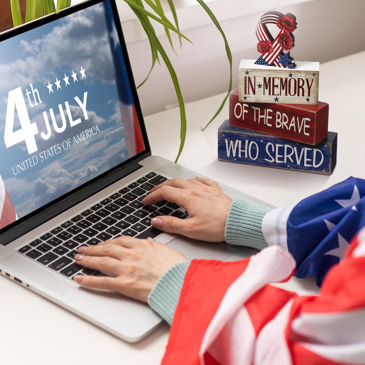 CroBlissful 4 Pcs Memorial Day Decorations Patriotic Tiered Tray Decorations 4th of July Table Sign Farmhouse Red White Blue Rustic Wood Block Stack Sign for Home Shelf Mantel(Ribbon) CroBlissful