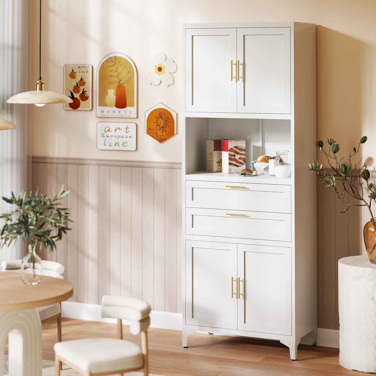 InaryLof 74.8"H Kitchen Storage Cabinet with 4 Doors and 2 Drawers, Open Countertop and Adjustable Tiers for Bathroom Storage,Tall Metal Cabinet For Kitchen, Dining Room, Living Room, Bathroom (White) InaryLof