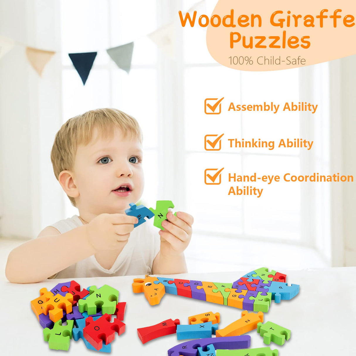 LovesTown Giraffe Wooden Puzzle, 26PCS Jigsaw Alphabet and Number Blocks, Educational Toy for Toddlers, Ideal for Gifting and Learning LovesTown