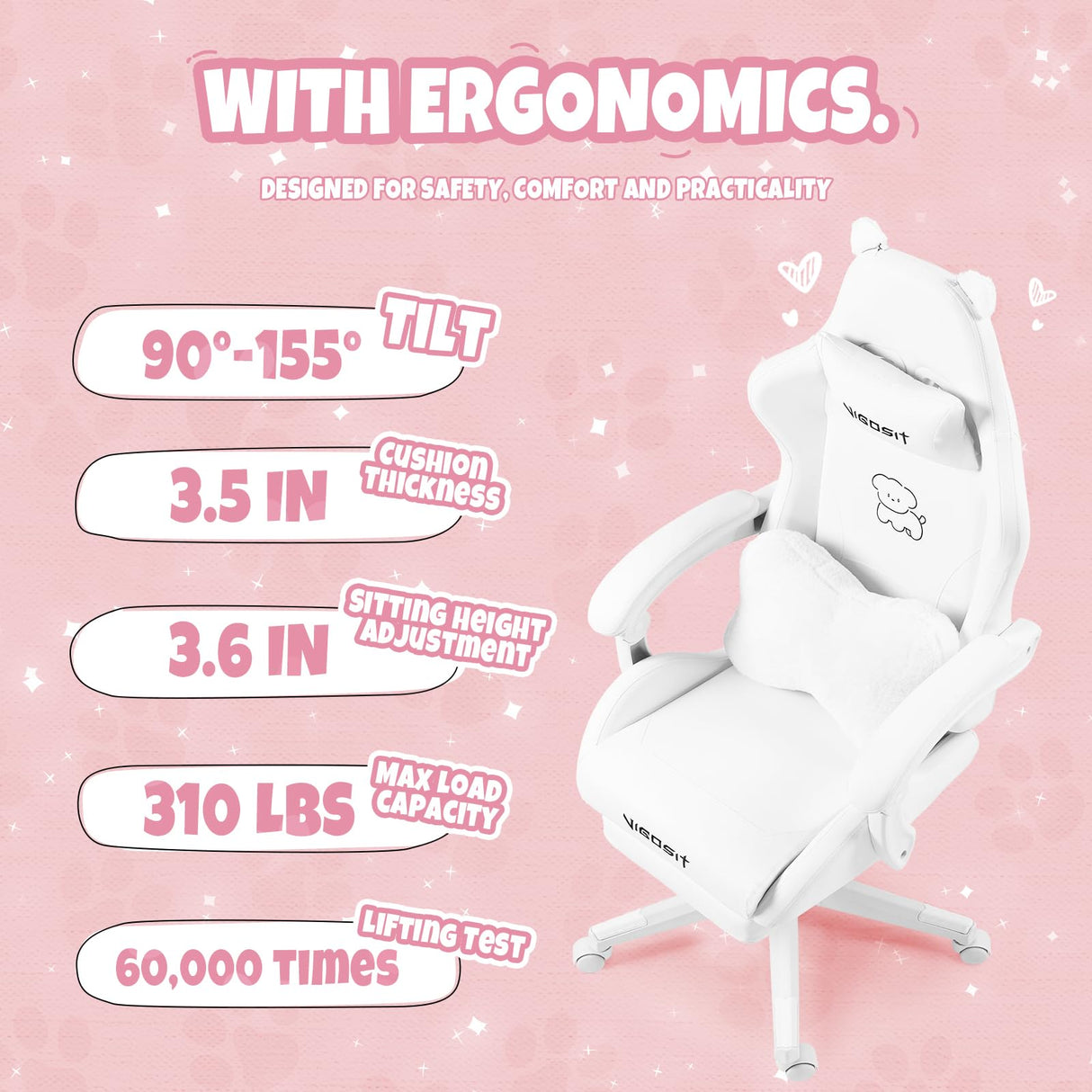 Vigosit Cute Gaming Chair with Lumbar Cushion and Decorated Ears, Ergonomic Computer Chair with Footrest, Reclining PC Game Chair for Girl, Teen, White Vigosit