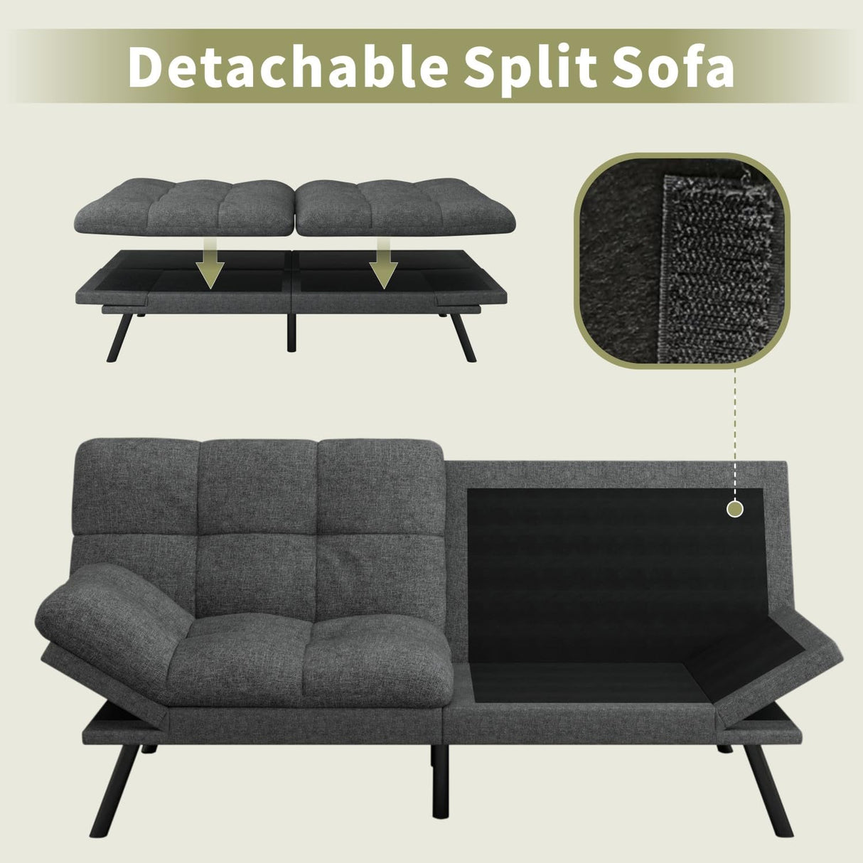 Vipbear 71" Futon Sofa Bed - Convertible Sofa Beds/Adjustable Backrest & Armrest,Detachable Cushion, Loveseat Sleeper for Small Spaces, Apartments & Offices, Grey Futons Vipbear