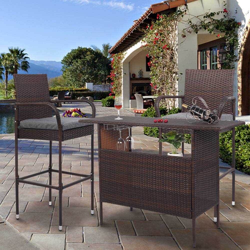 VINGLI Outdoor Bar Stools Set of 2 with Cushions Wicker Bar Stools, Patio Bar Chairs Bar Height Patio Set for Garden Pool Lawn Backyard VINGLI