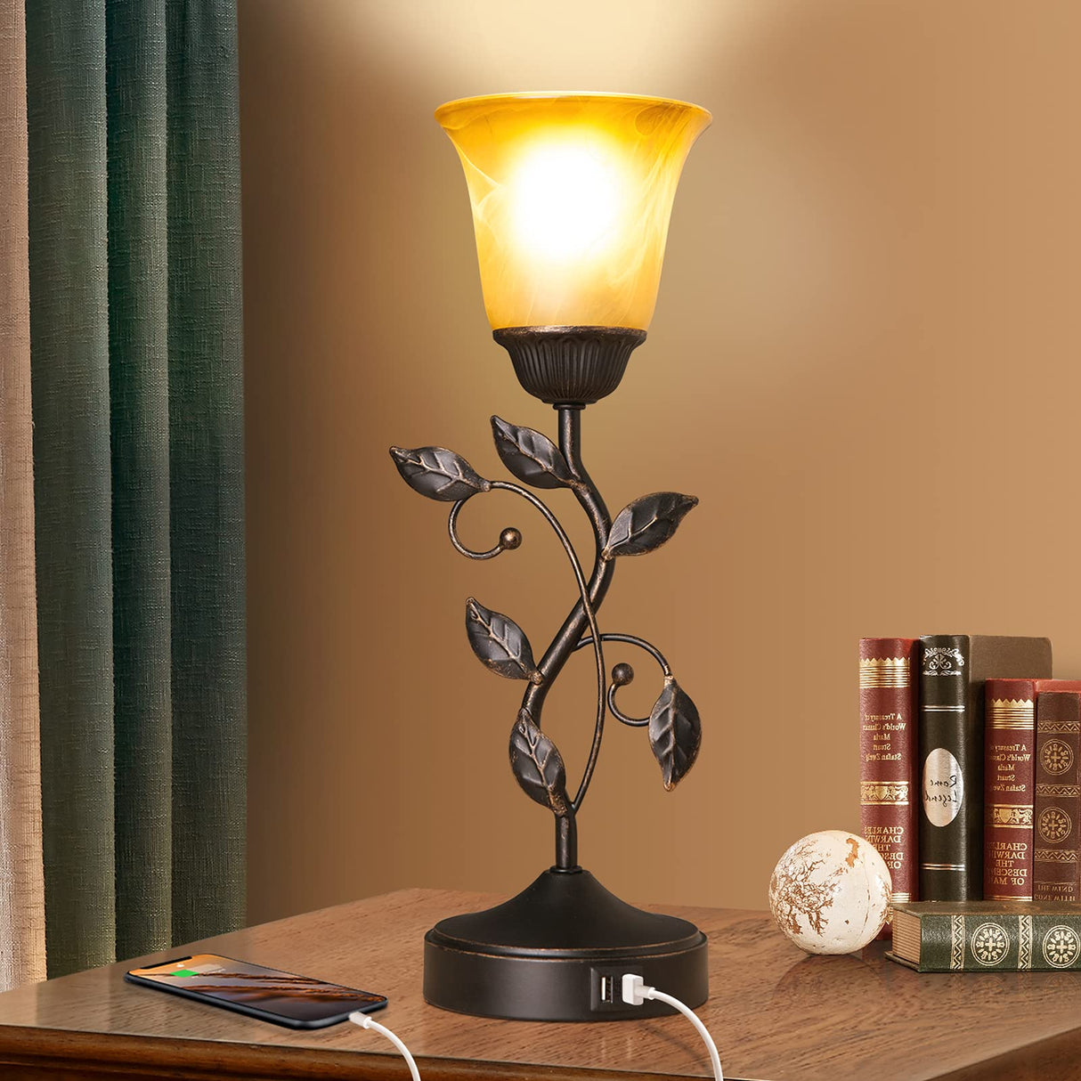 Touch Control Table Lamp with 2 USB Charging Ports, 3-Way Dimmable Bedside Nightstand Lamps, Amber Glass Shade Vintage Rural Leaf Lamp for Living Room, Bedroom, Dresser, LED Bulb Included (Bronze) RORIANO