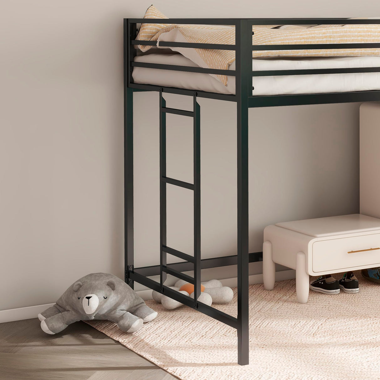 Twin Size Low Loft Bed for Kids,Metal Loft Bed Frame for Boys Girls,Kids Loft Bed Twin Size,Junior Low Loft Bed, Black Bellemave