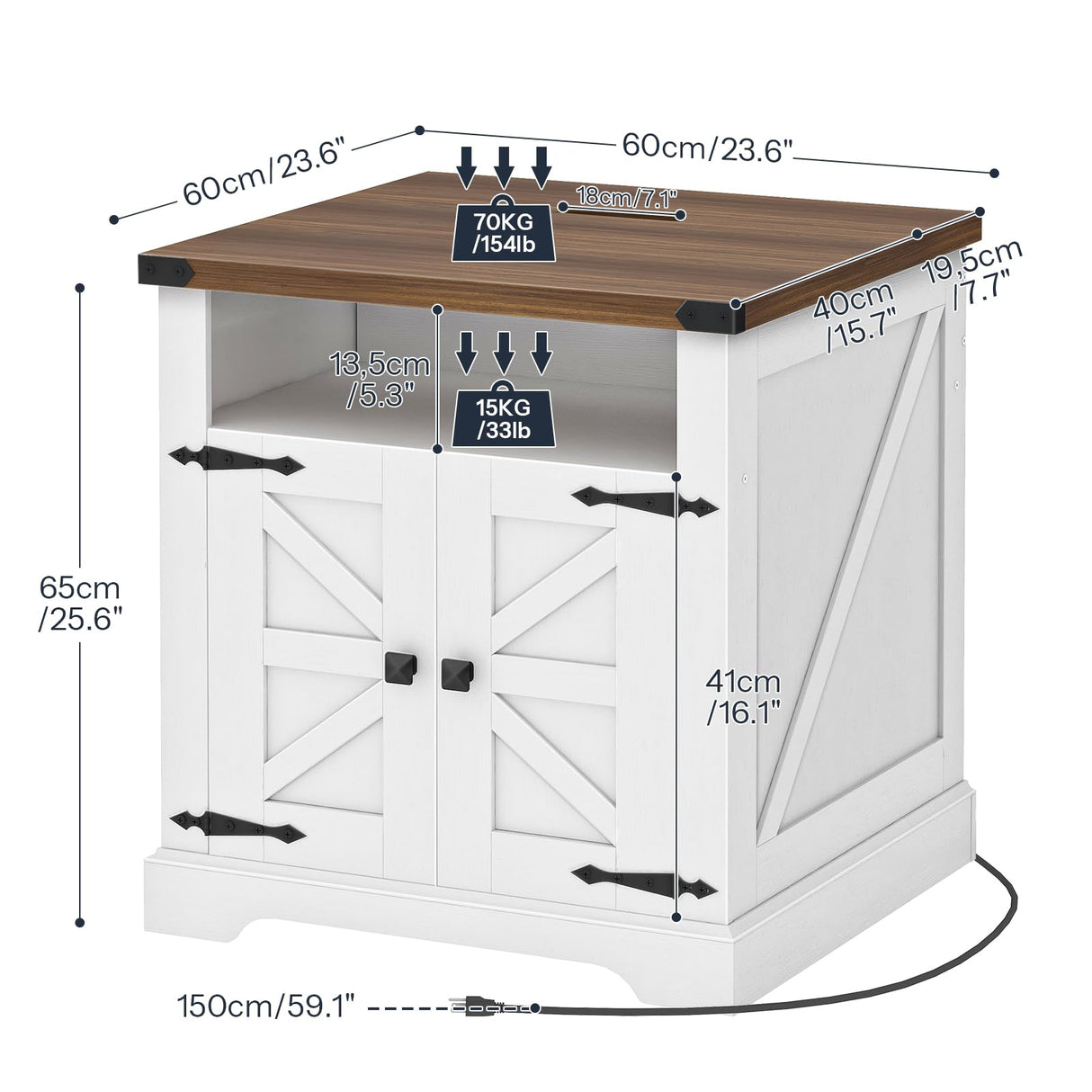 HOOBRO Farmhouse End Table with Charging Station, 23.6" Large End Tables for Living Room, Sofa Side Table with Barn Door, Wooden Square Nightstand Bedside Table, Flip Top, White and Walnut WH601UBZ01 HOOBRO